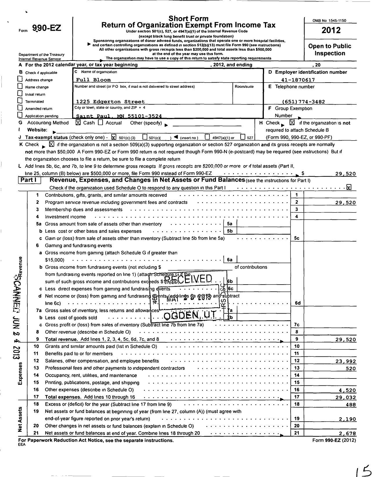 Image of first page of 2012 Form 990EZ for Full Bloom