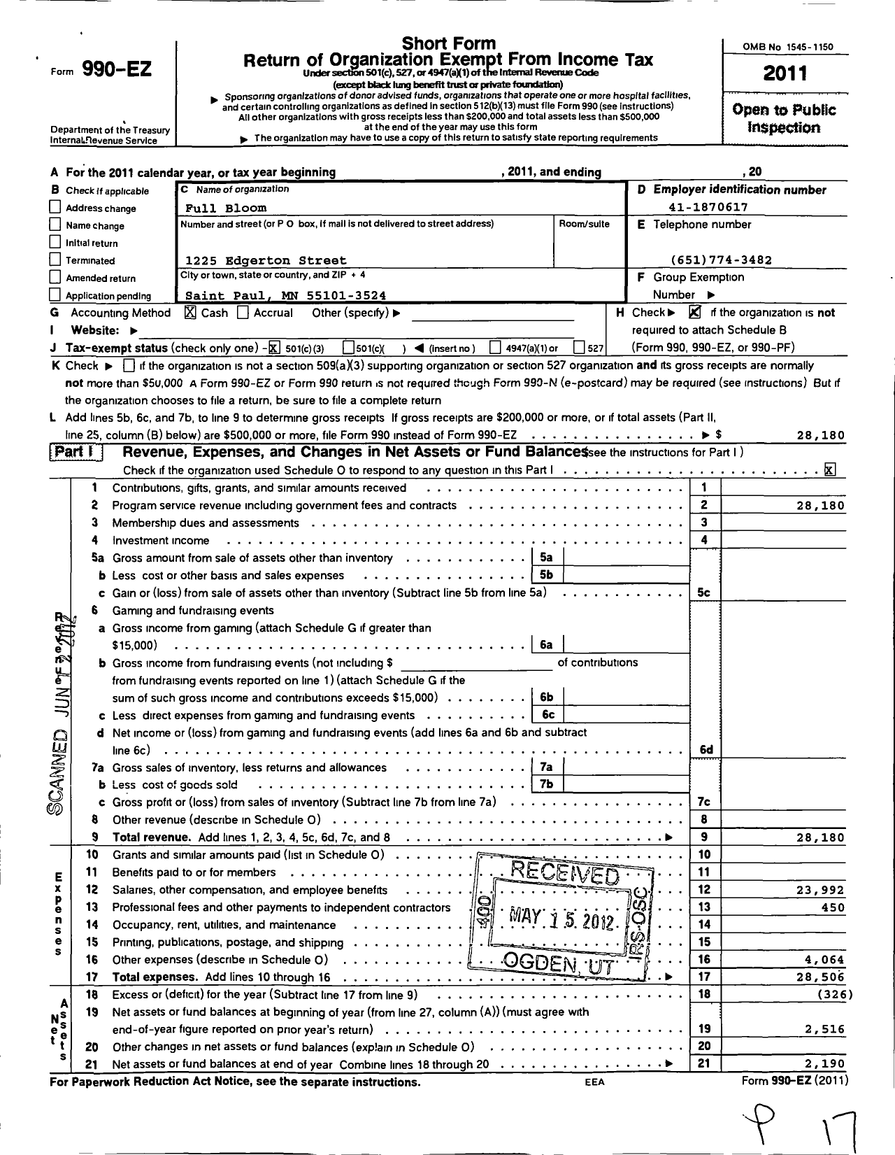 Image of first page of 2011 Form 990EZ for Full Bloom