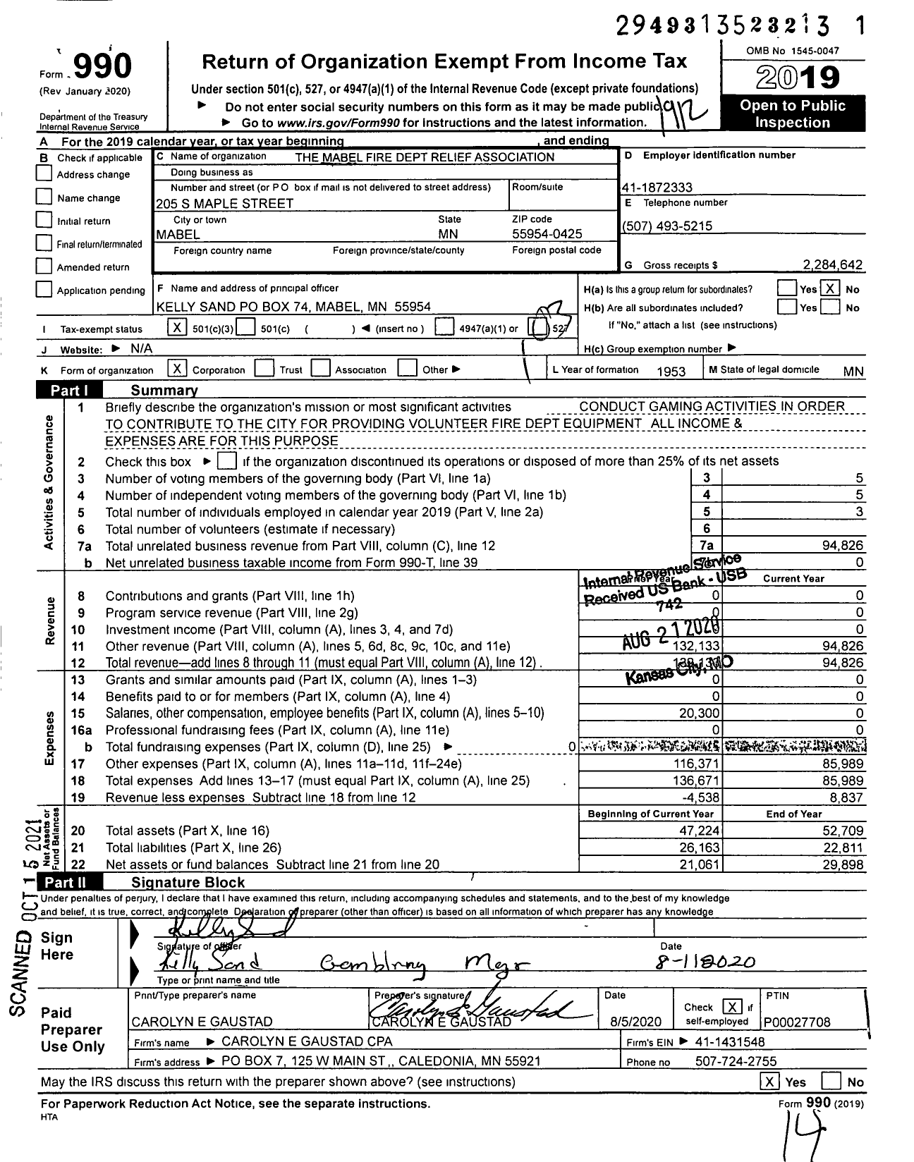 Image of first page of 2019 Form 990 for The Mabel Fire Dept Relief Association