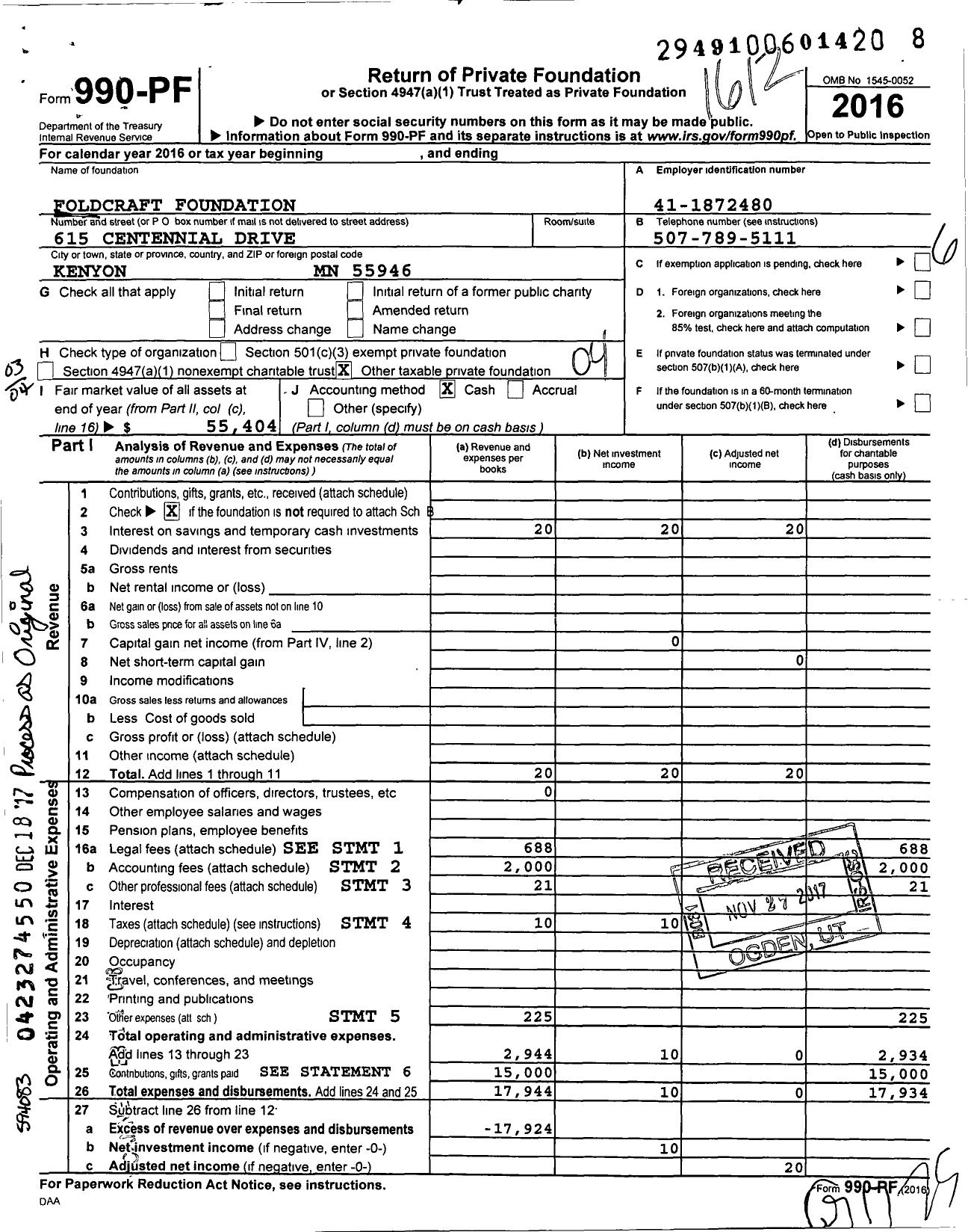 Image of first page of 2016 Form 990PF for Foldcraft Foundation