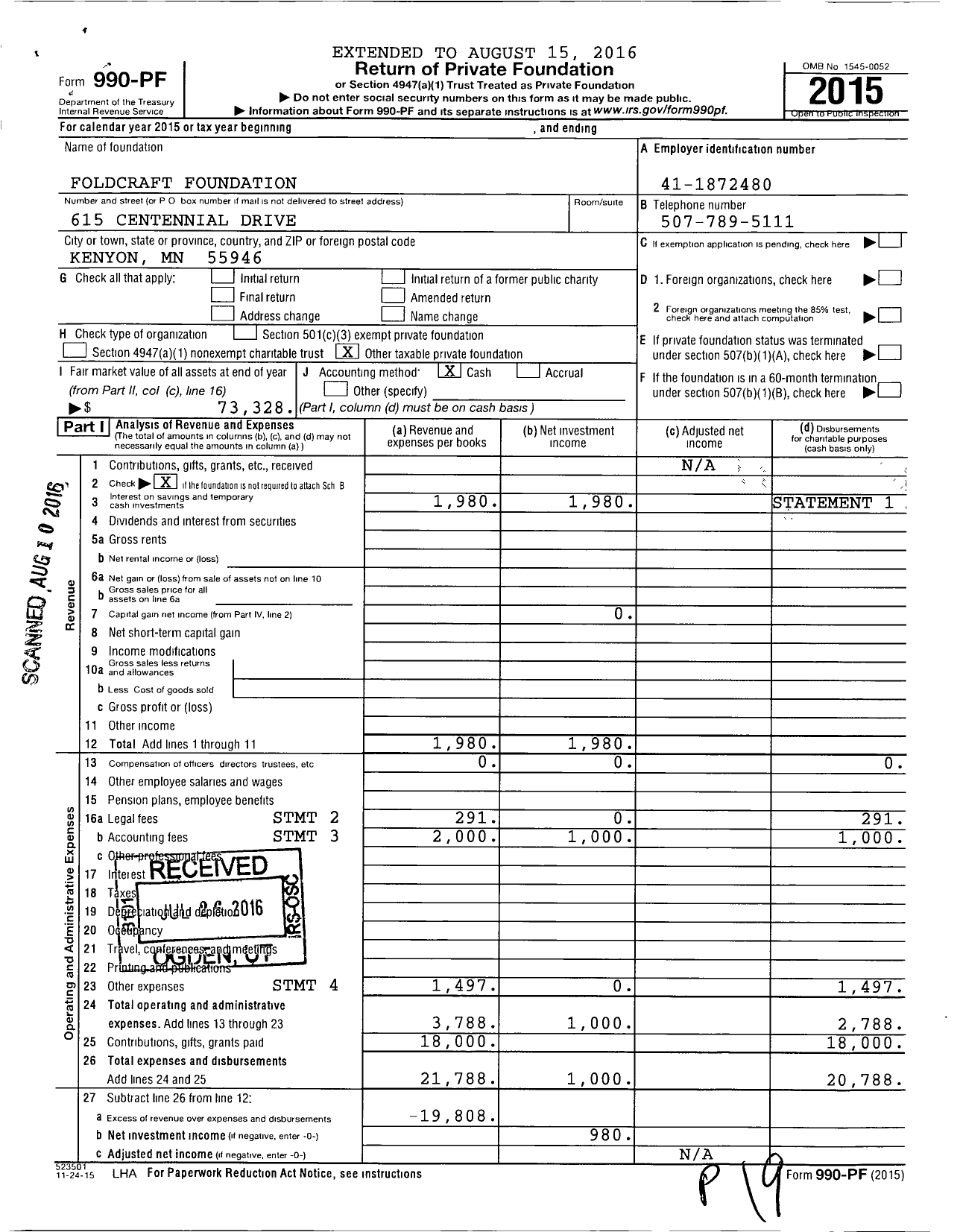 Image of first page of 2015 Form 990PF for Foldcraft Foundation