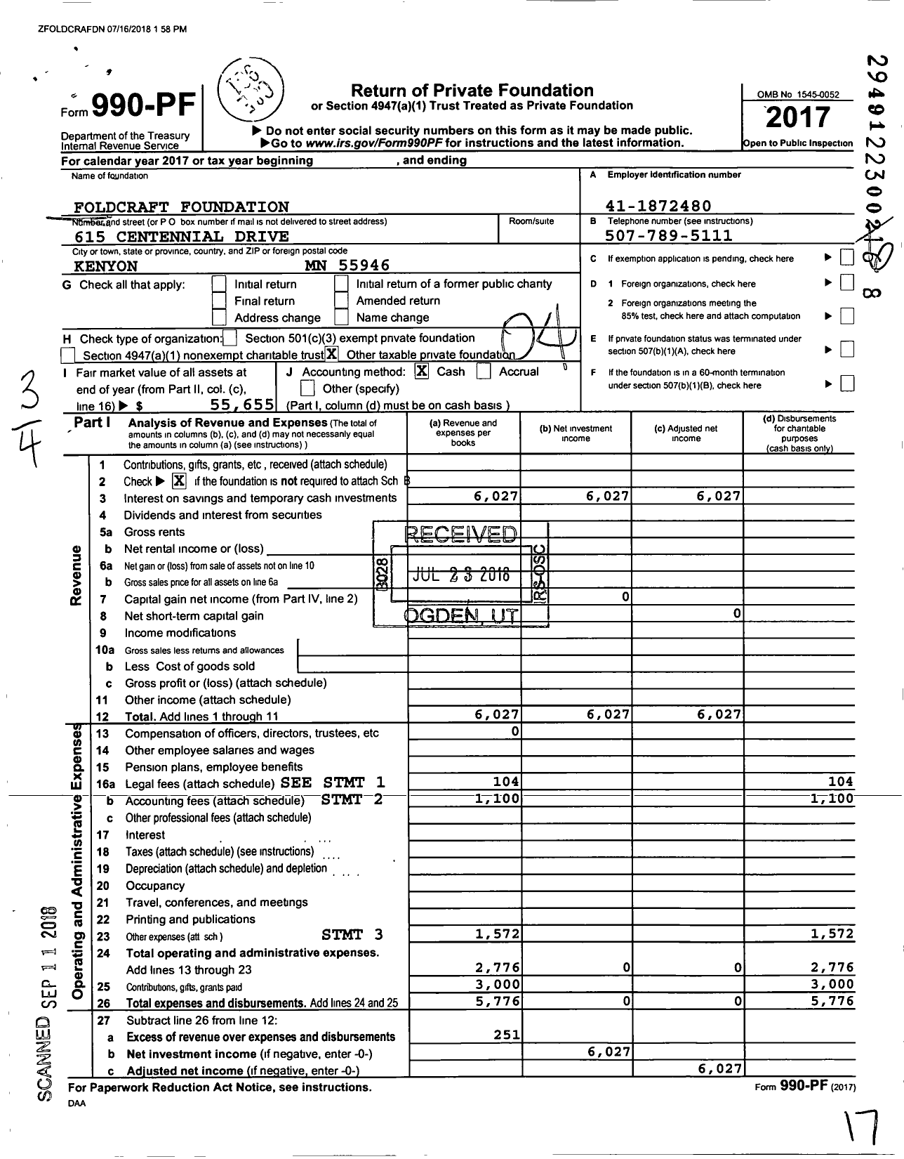 Image of first page of 2017 Form 990PF for Foldcraft Foundation