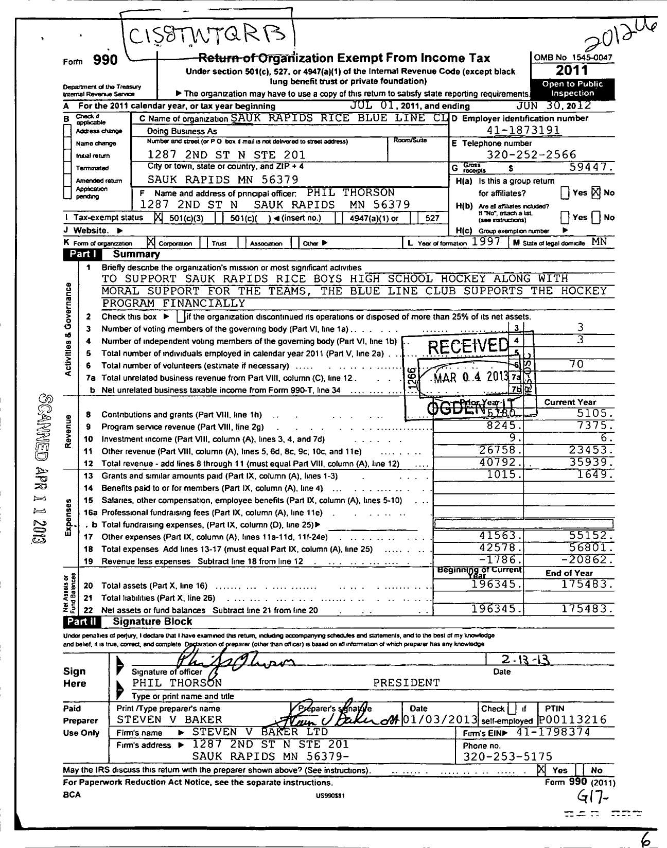 Image of first page of 2011 Form 990 for Sauk Rapids Rice Blue Line Club