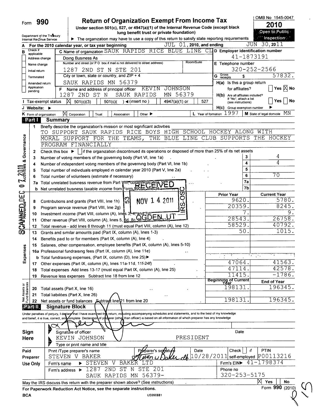 Image of first page of 2010 Form 990 for Sauk Rapids Rice Blue Line Club