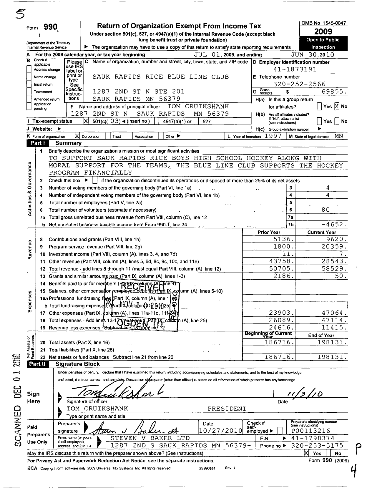 Image of first page of 2009 Form 990 for Sauk Rapids Rice Blue Line Club