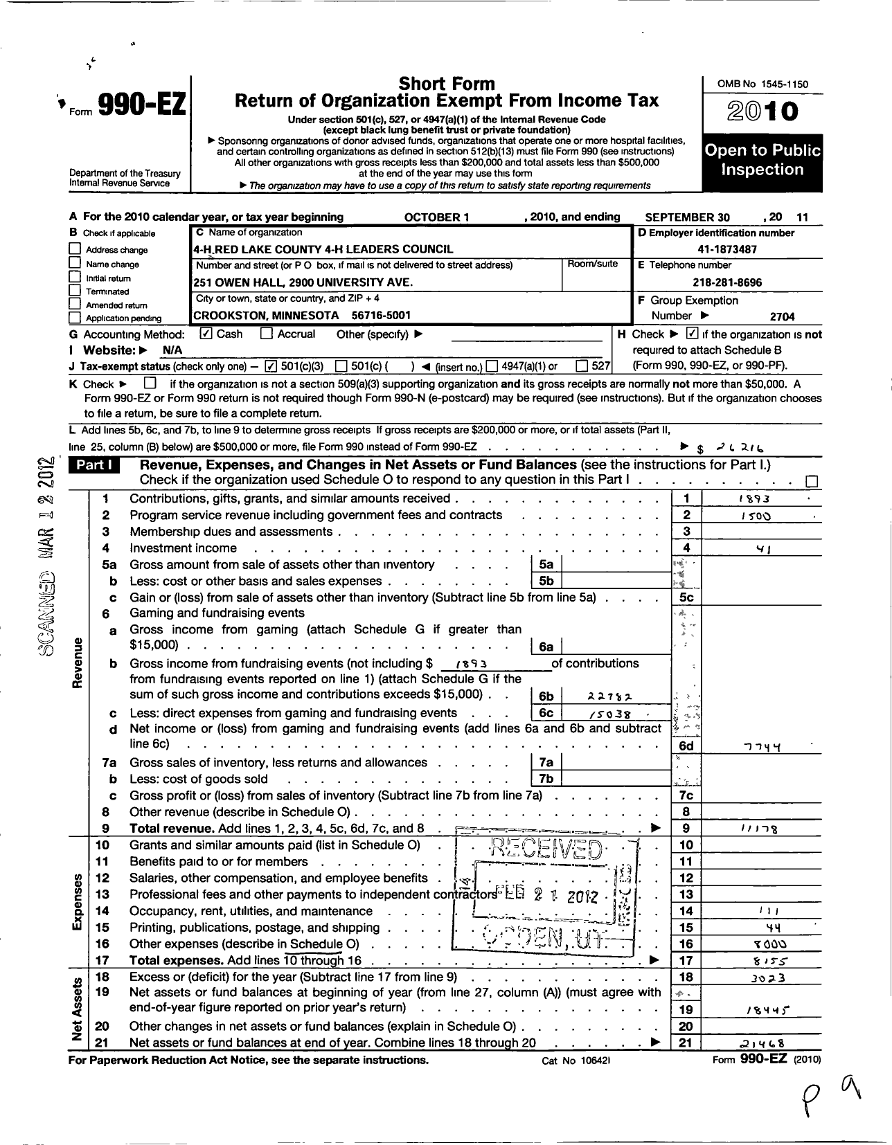 Image of first page of 2010 Form 990EZ for Regents of the University of Minnesota / Red Lake County 4-H Leaders Council