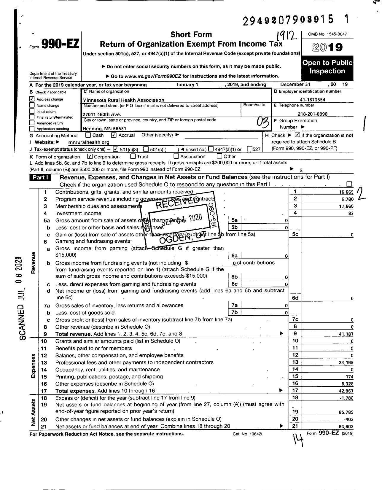 Image of first page of 2019 Form 990EZ for Minnesota Rural Health Association