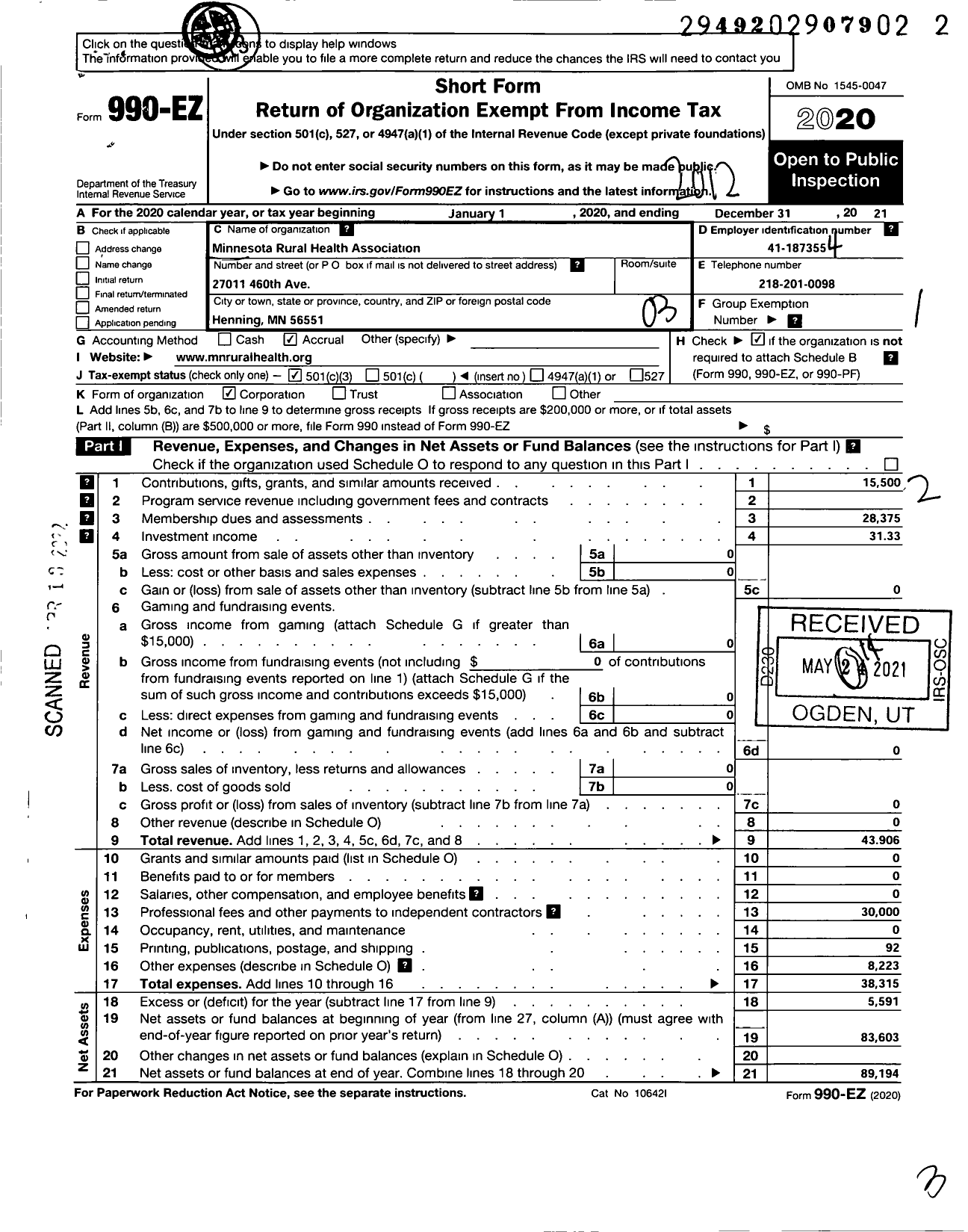 Image of first page of 2020 Form 990EZ for Minnesota Rural Health Association