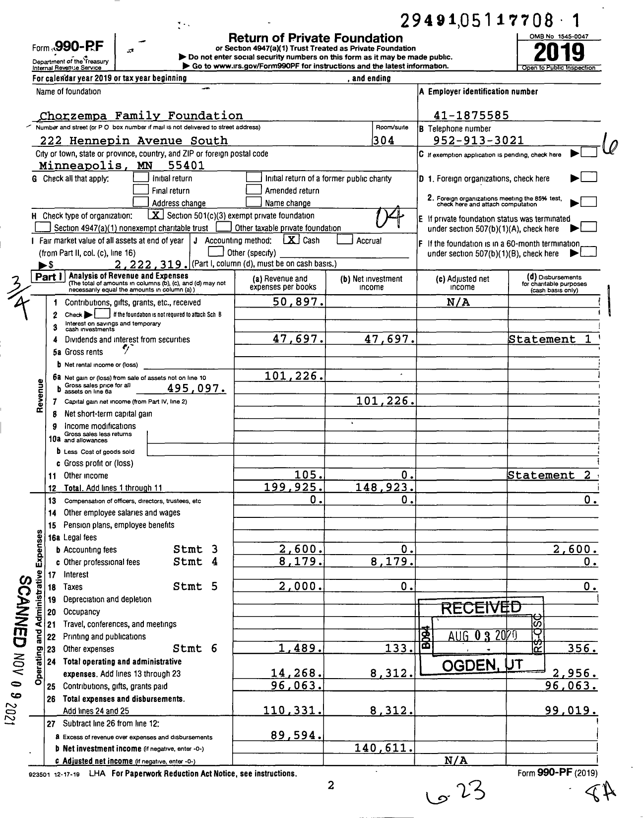 Image of first page of 2019 Form 990PF for Chorzempa Family Foundation