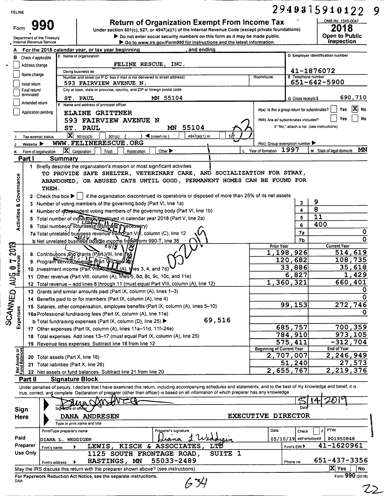 Image of first page of 2018 Form 990 for Feline Rescue
