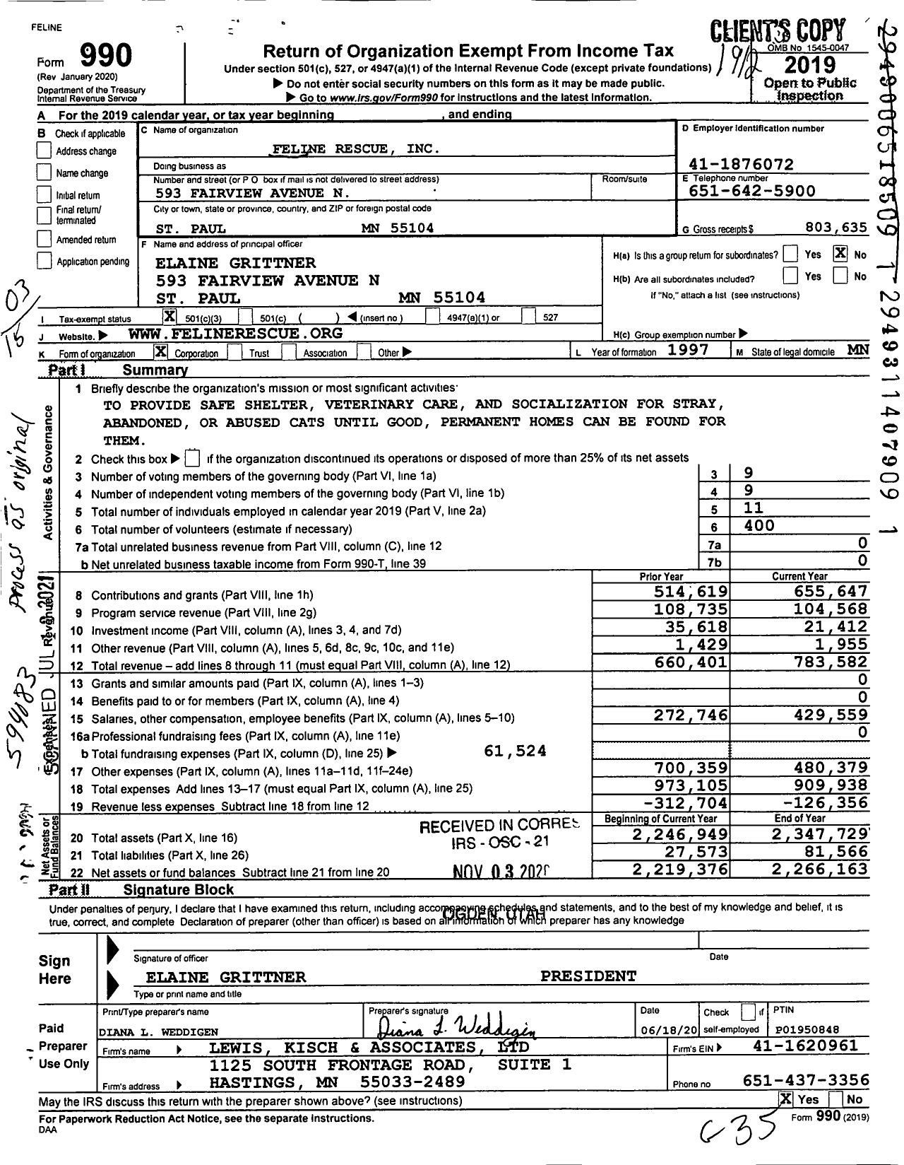 Image of first page of 2019 Form 990 for Feline Rescue