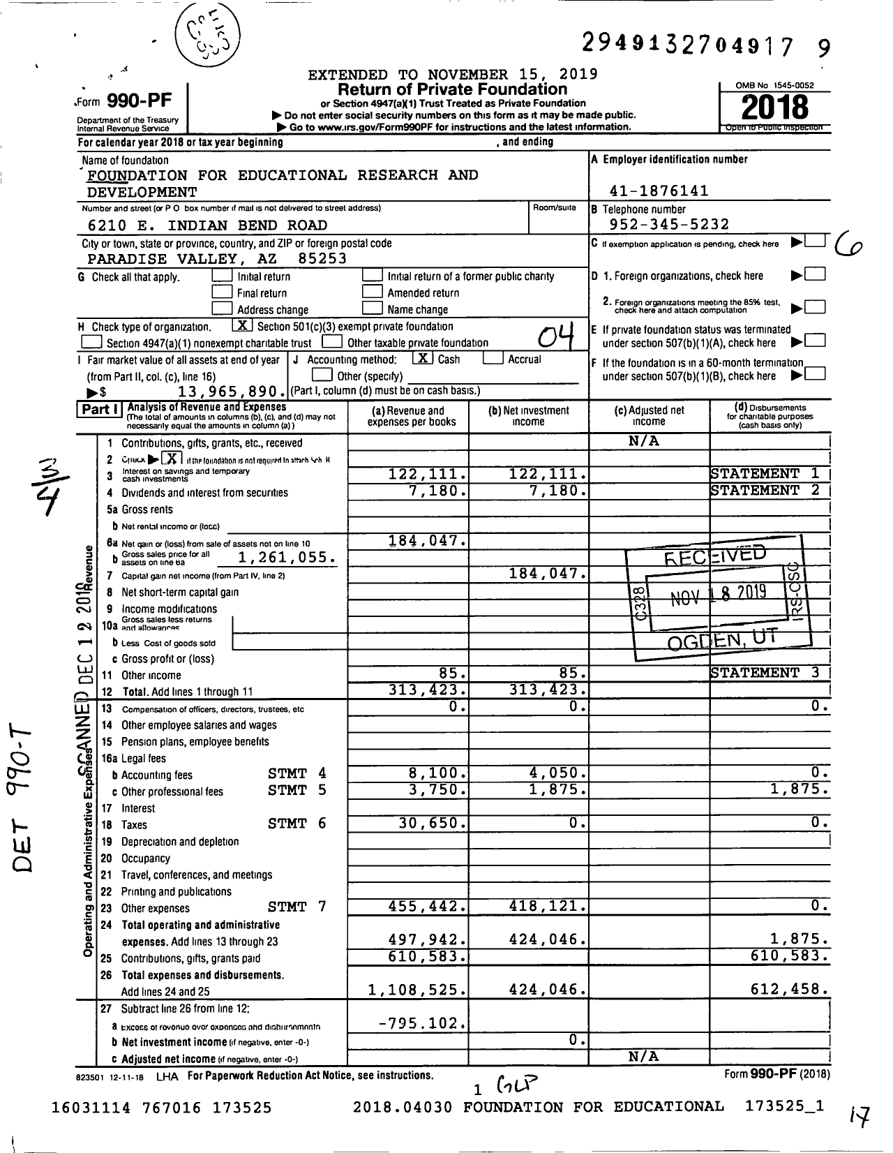 Image of first page of 2018 Form 990PF for Foundation for Educational Research and Development