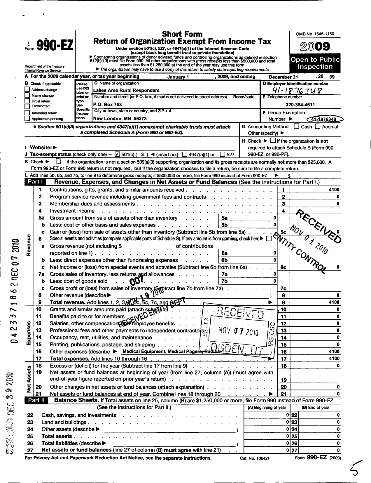 Image of first page of 2009 Form 990EZ for Lakes Area Rural Responders