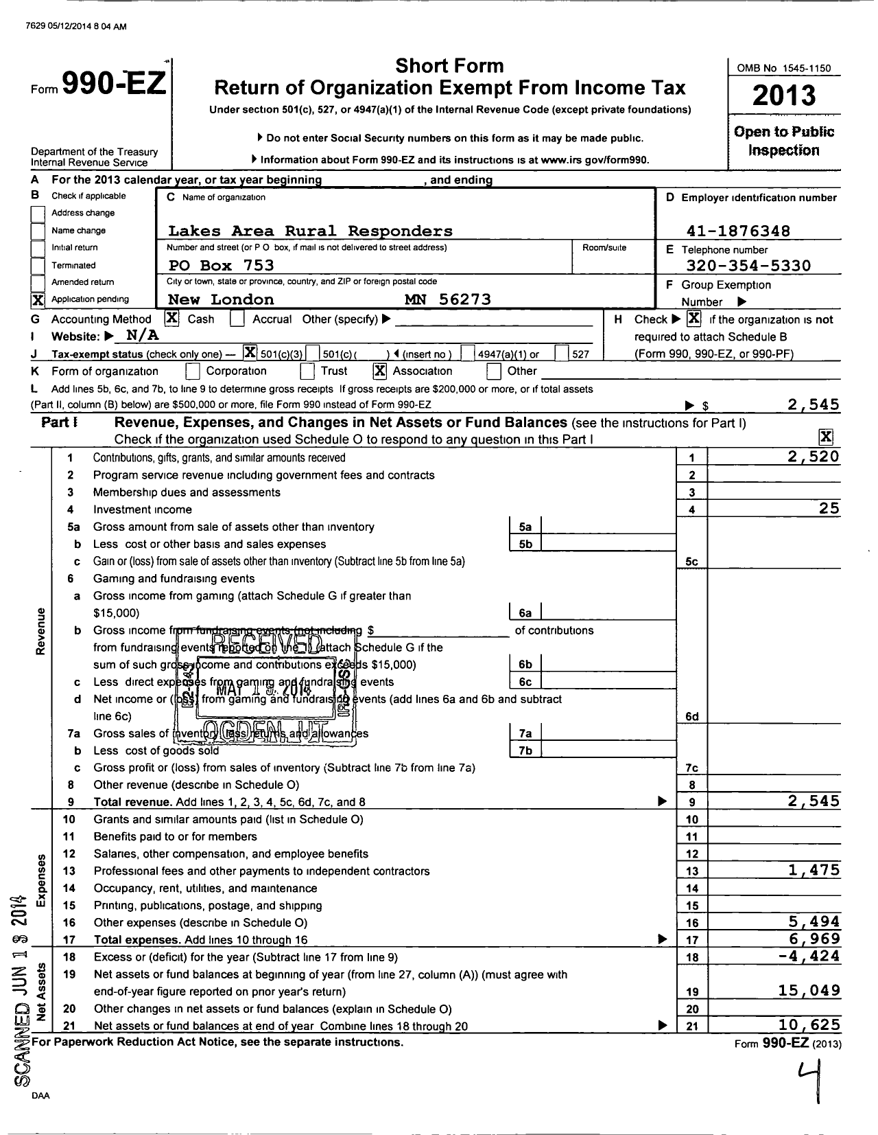 Image of first page of 2013 Form 990EZ for Lakes Area Rural Responders