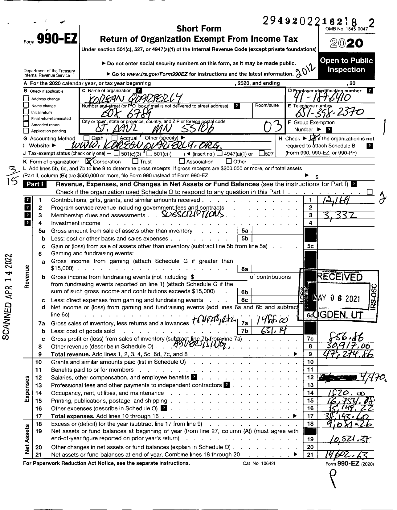 Image of first page of 2020 Form 990EZ for Korean Quarterly