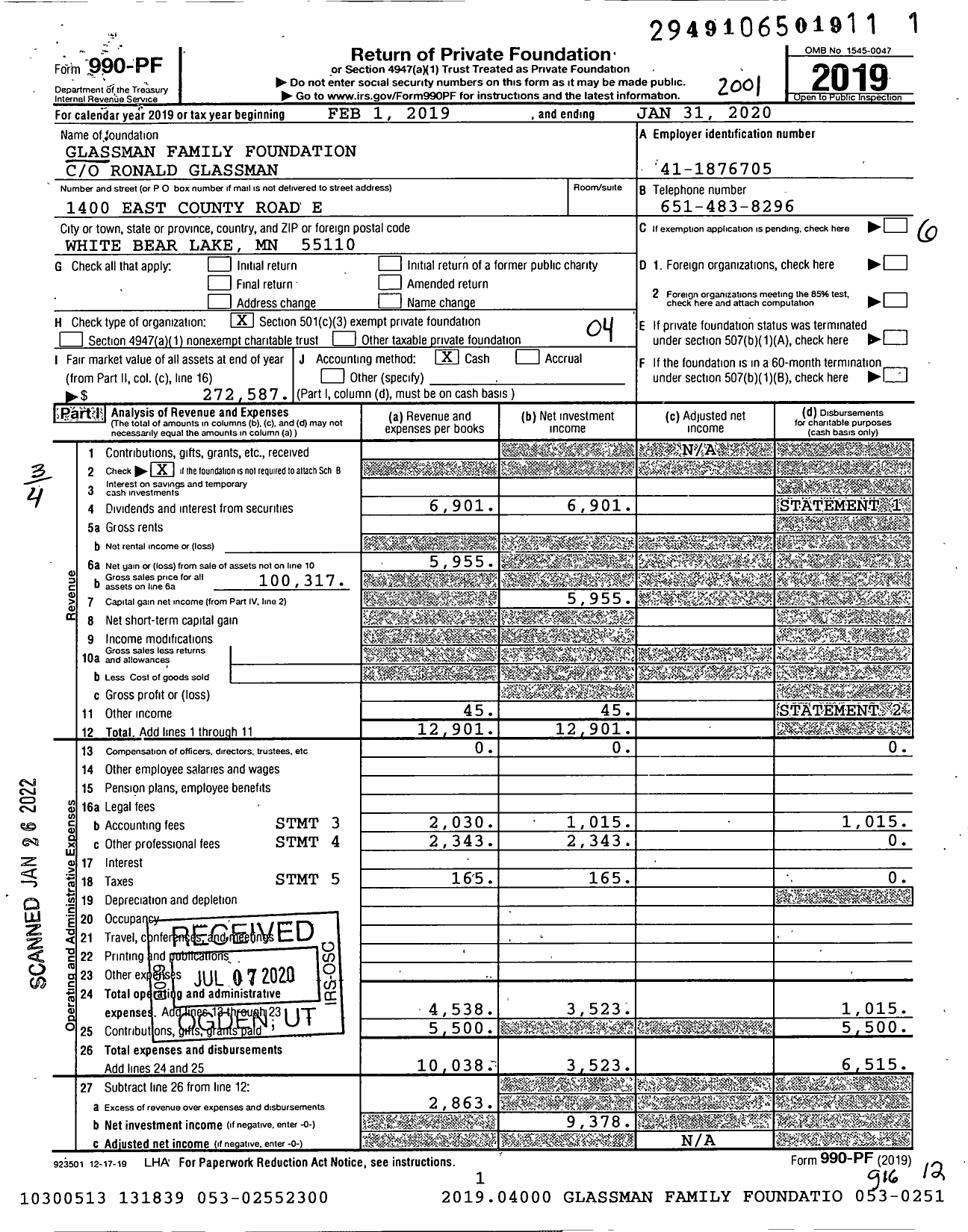 Image of first page of 2019 Form 990PF for Glassman Family Foundation