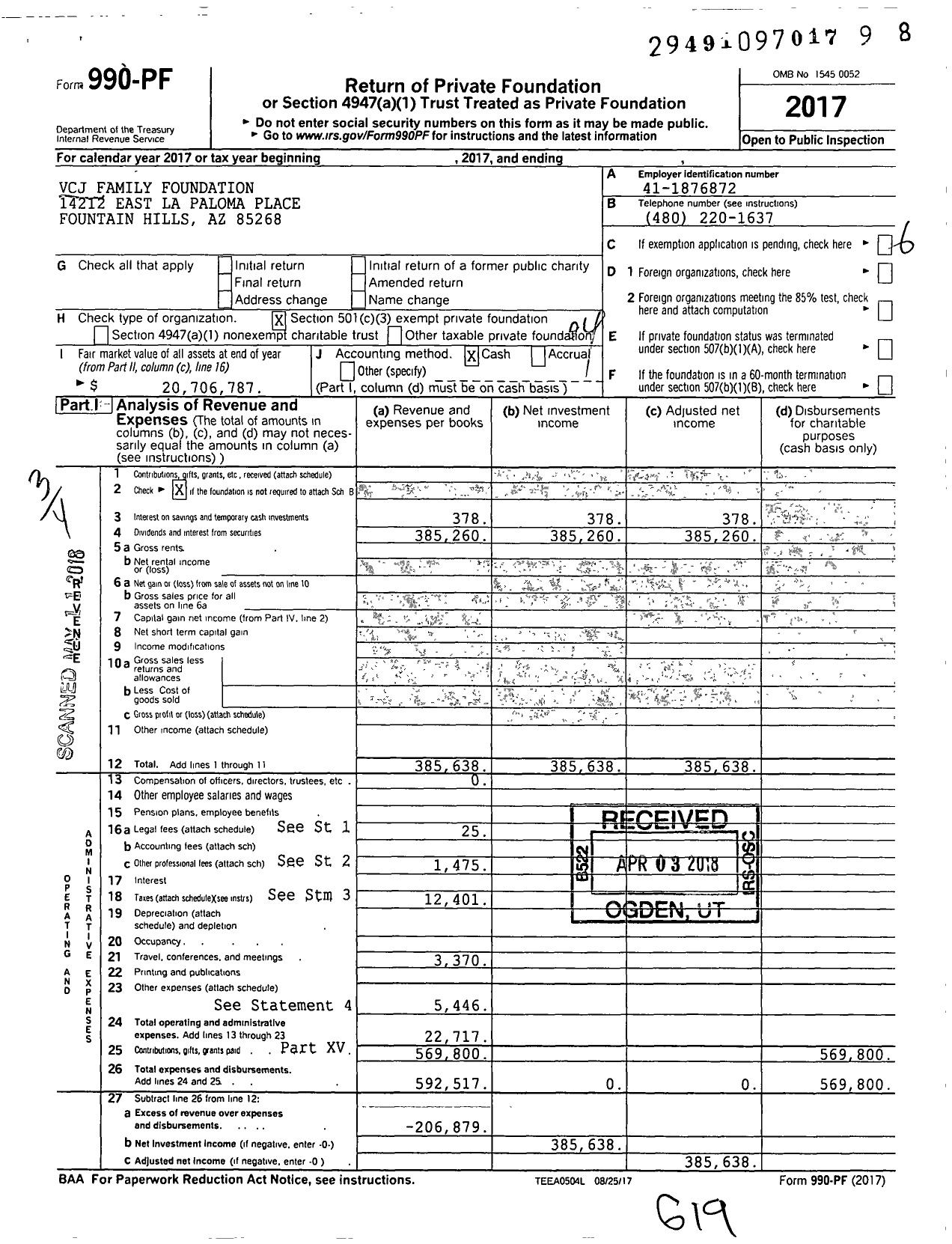 Image of first page of 2017 Form 990PF for VCJ Family Foundation