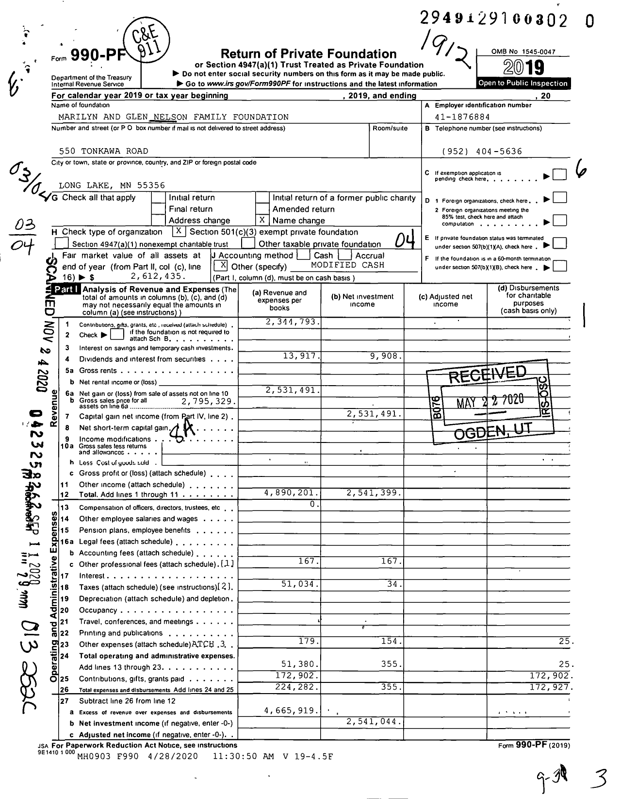 Image of first page of 2019 Form 990PF for Marilyn and Glen Nelson Family Foundation