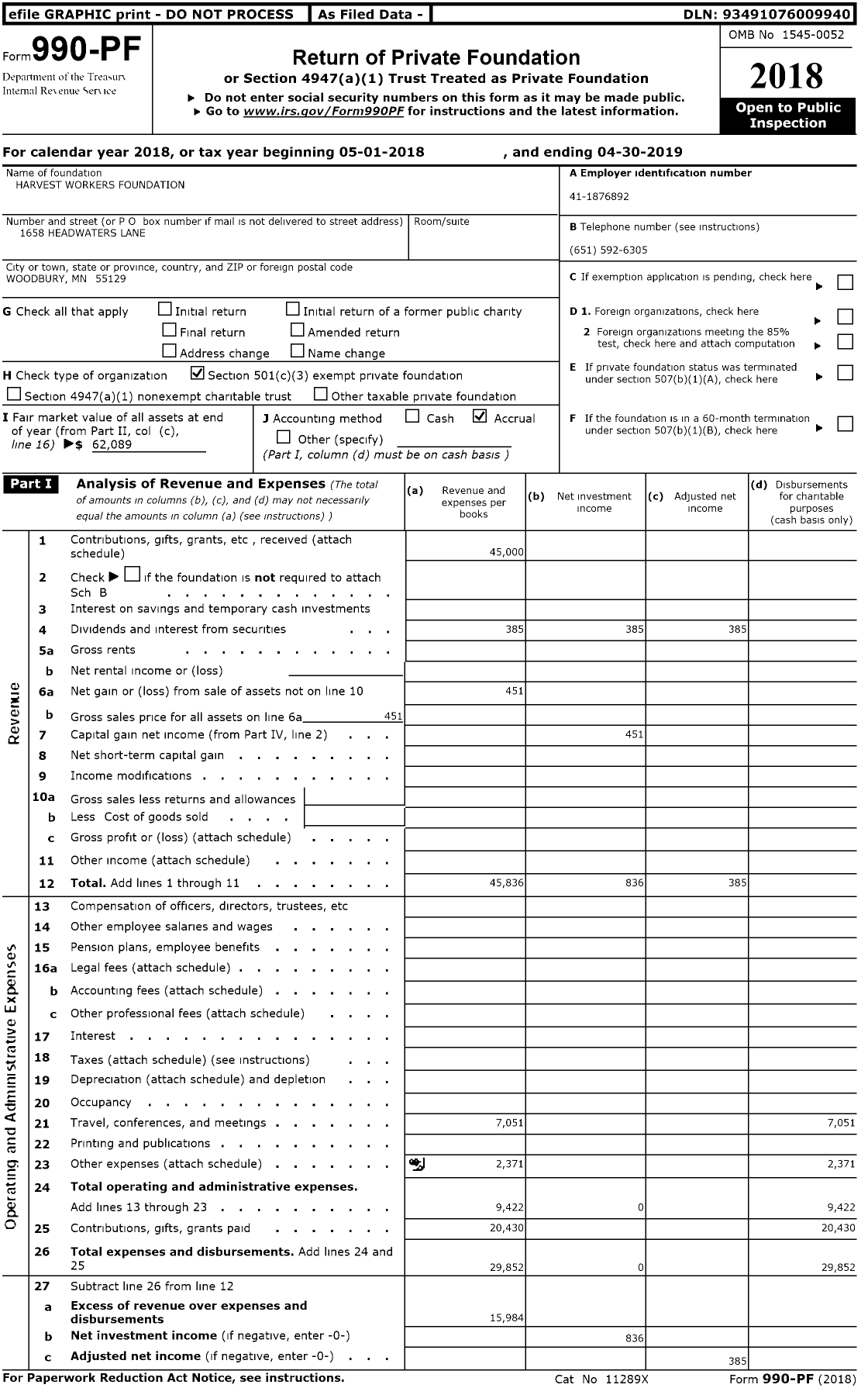 Image of first page of 2018 Form 990PR for Harvest Workers Foundation