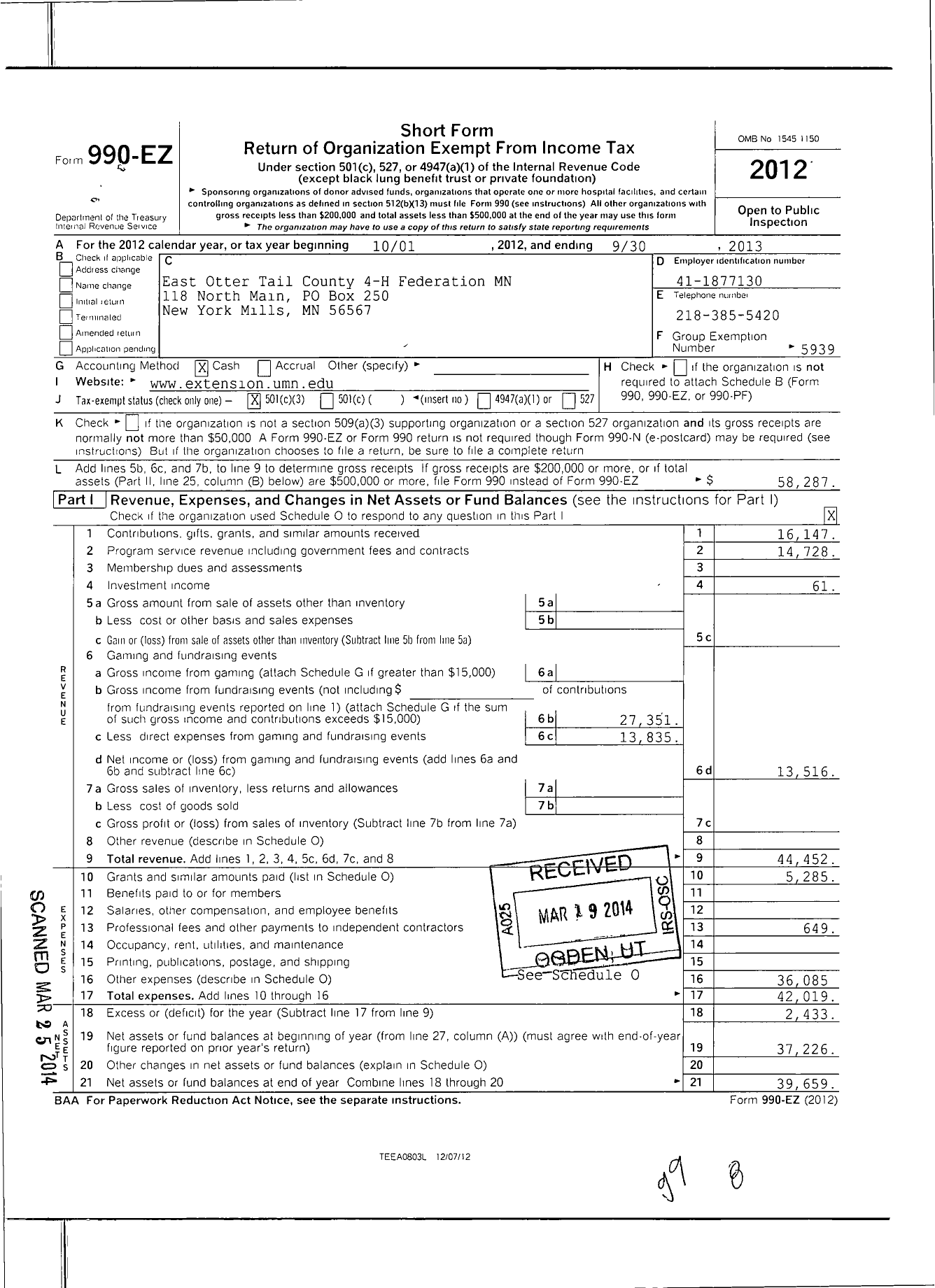 Image of first page of 2012 Form 990EZ for East Otter Tail County 4-H Federation MN