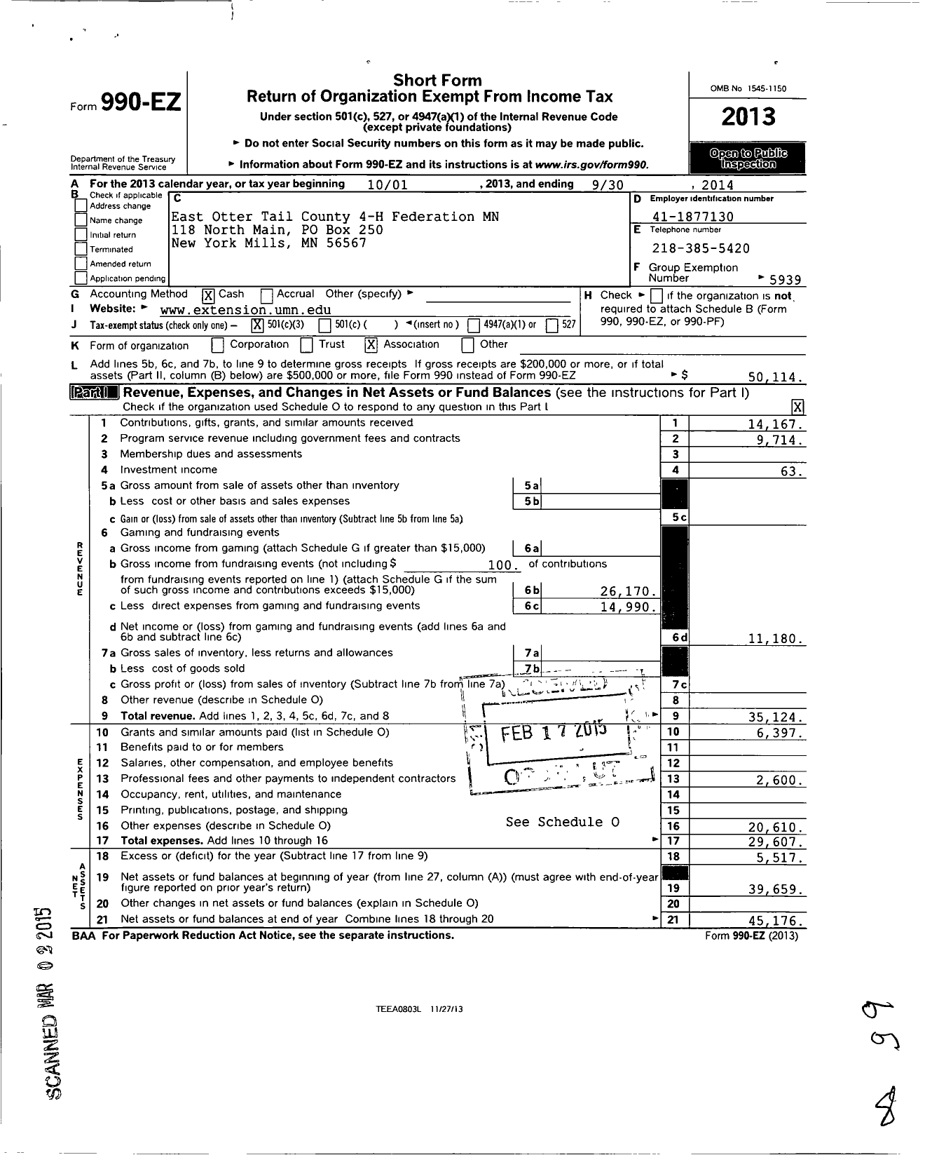 Image of first page of 2013 Form 990EZ for East Otter Tail County 4-H Federation MN