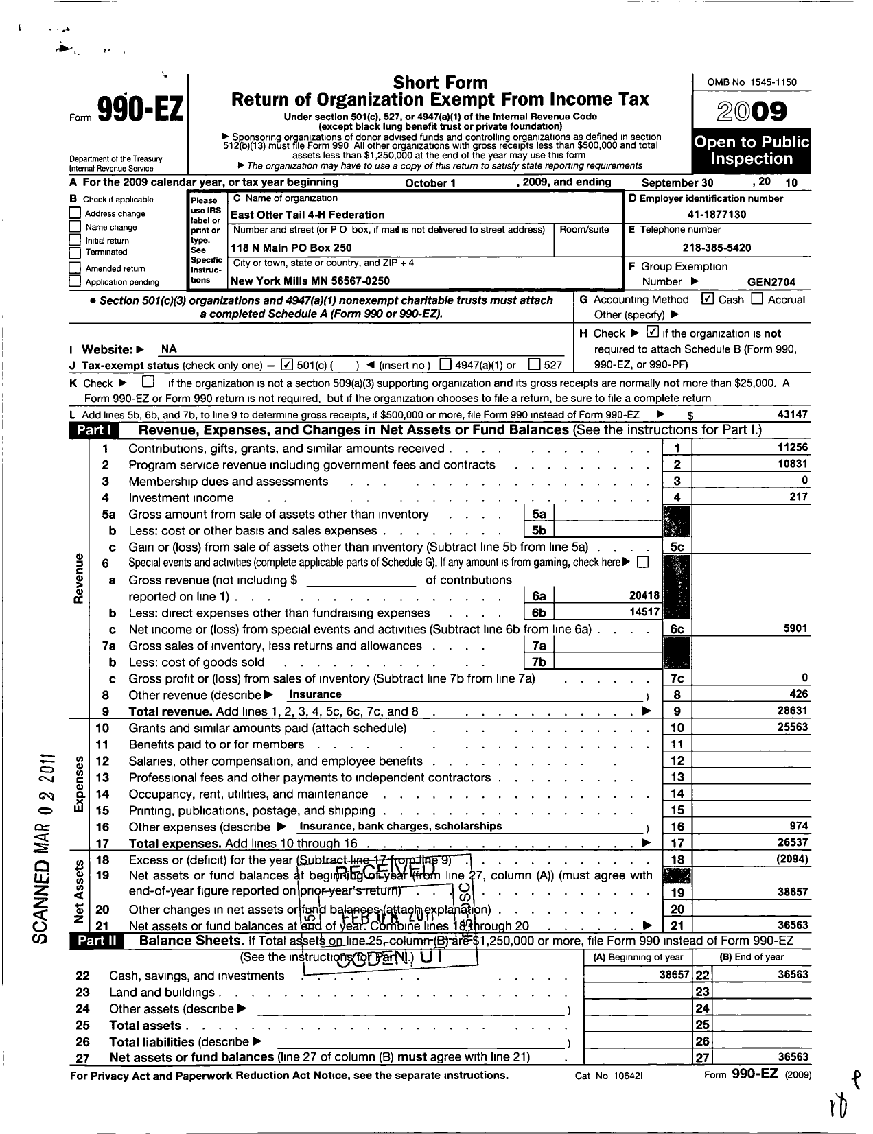 Image of first page of 2009 Form 990EO for East Otter Tail County 4-H Federation MN