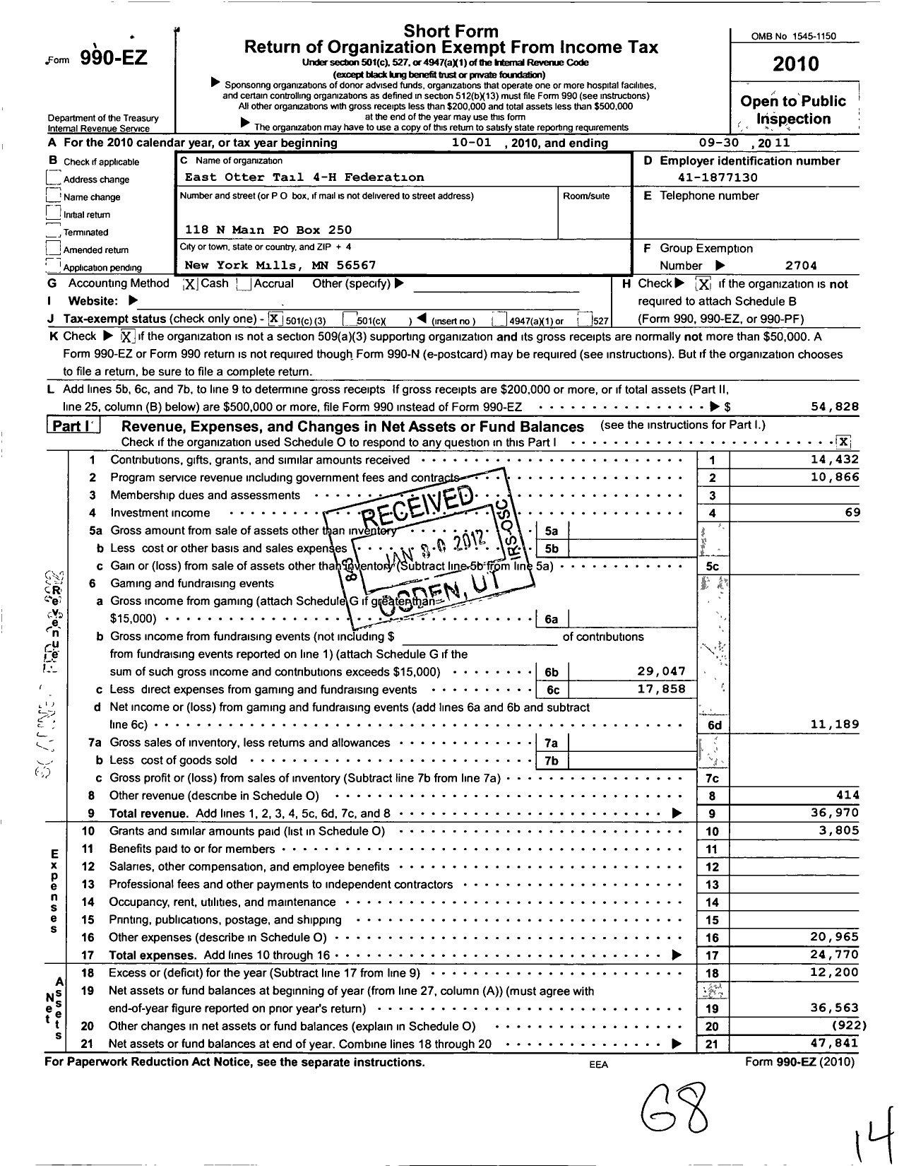 Image of first page of 2010 Form 990EZ for East Otter Tail County 4-H Federation MN