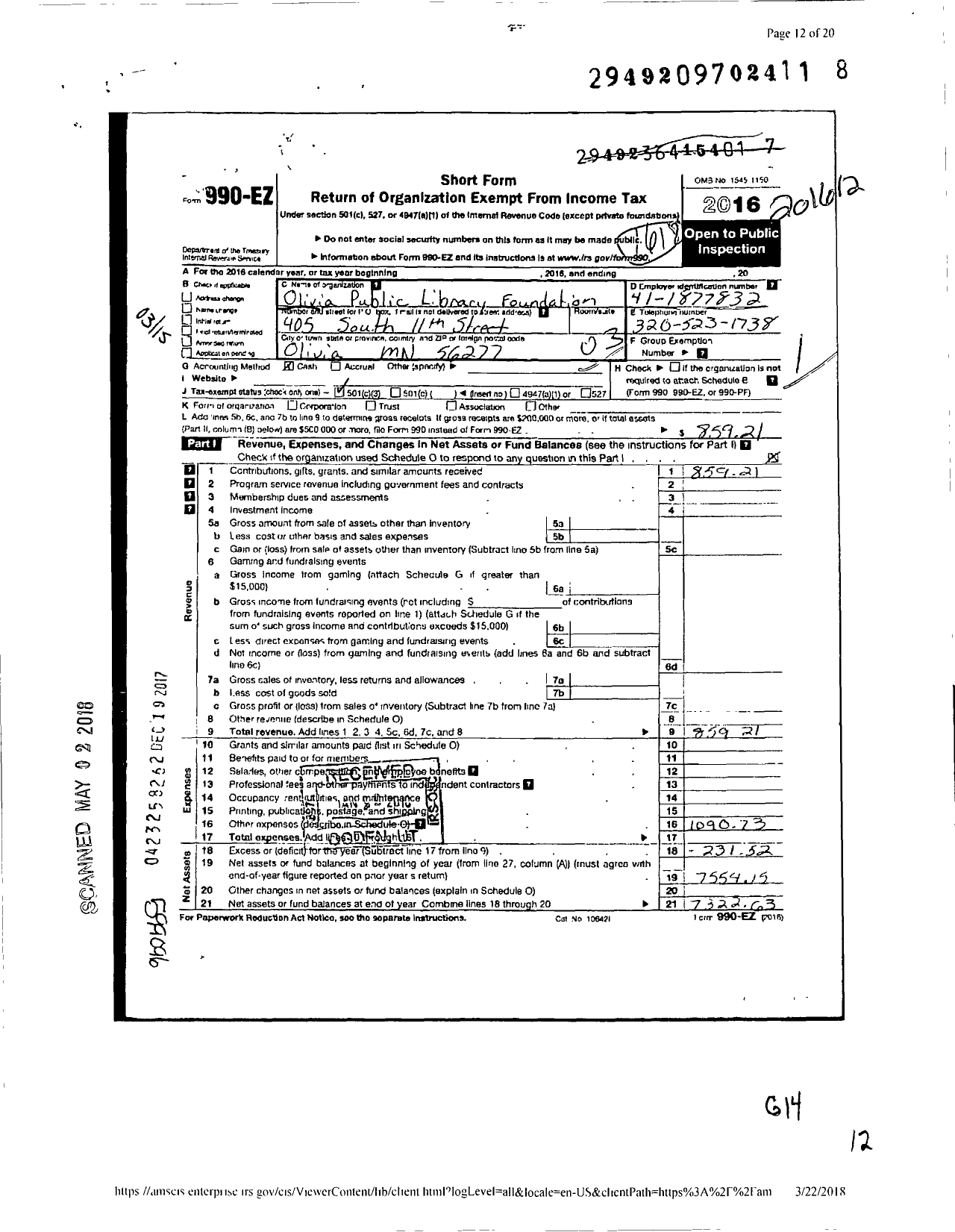 Image of first page of 2016 Form 990EZ for Olivia Public Library Foundation