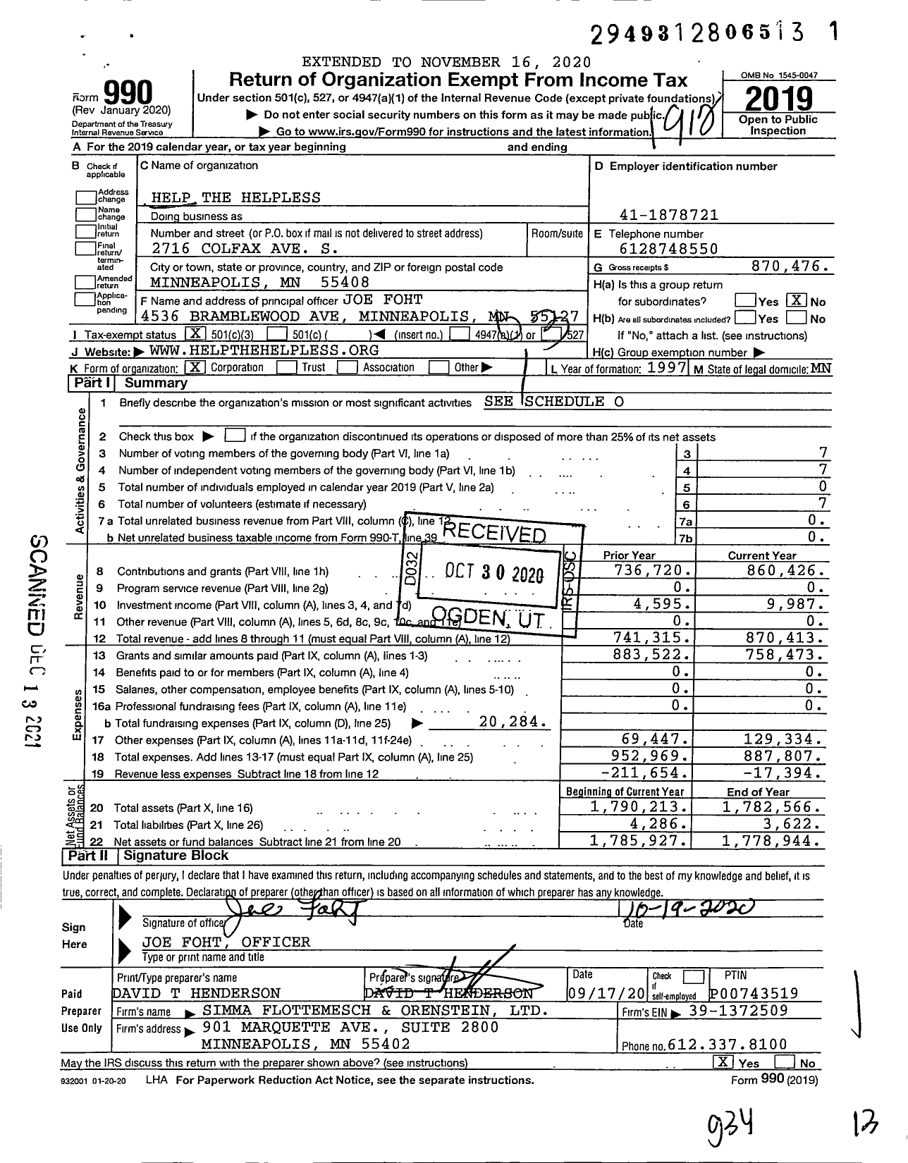 Image of first page of 2019 Form 990 for Help the Helpless