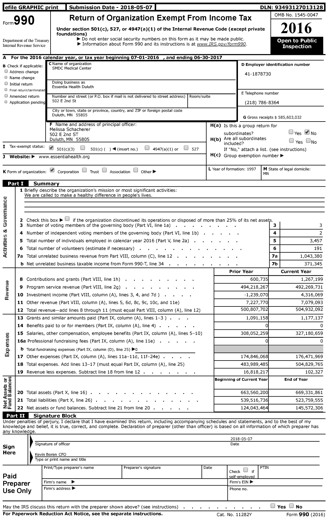 Image of first page of 2016 Form 990 for Essentia Health Duluth