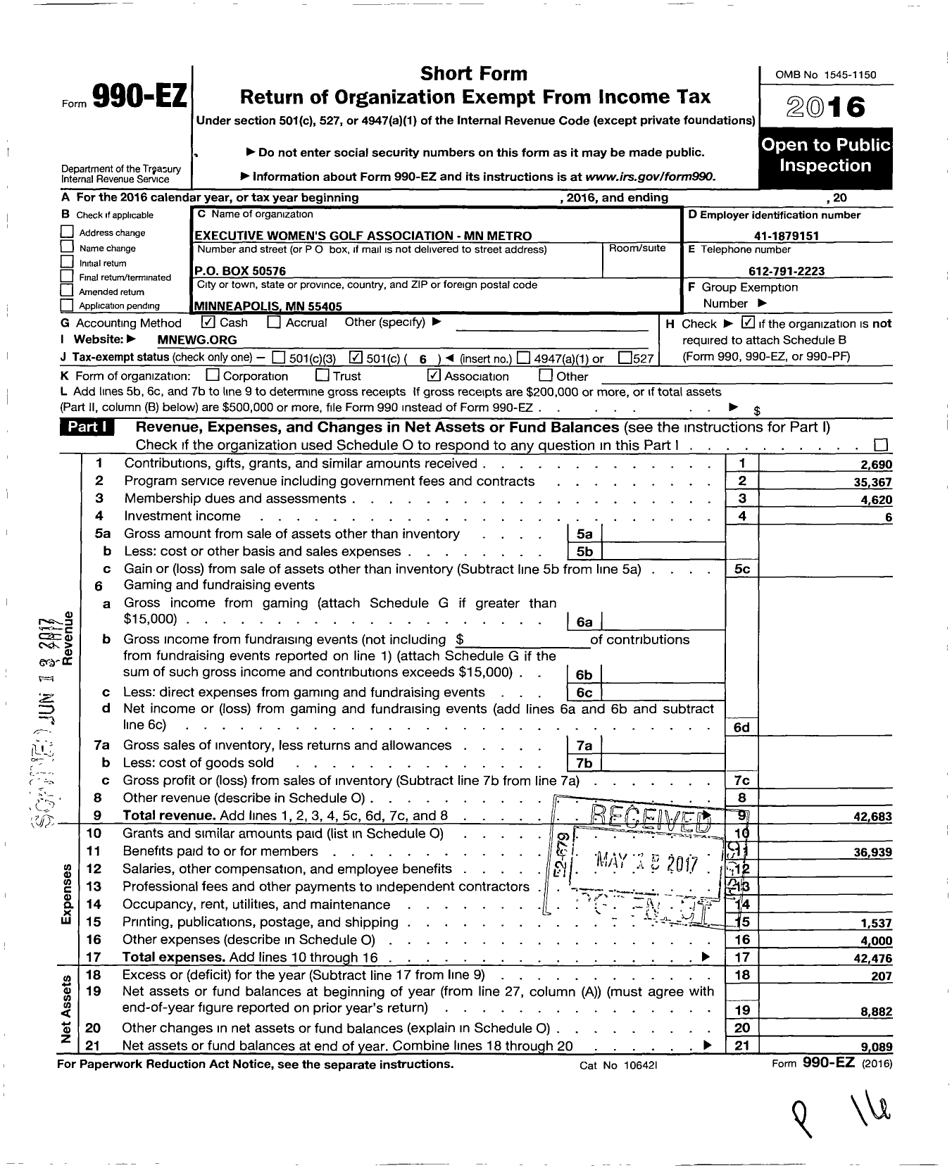 Image of first page of 2016 Form 990EO for Excutive Womens Golf Association