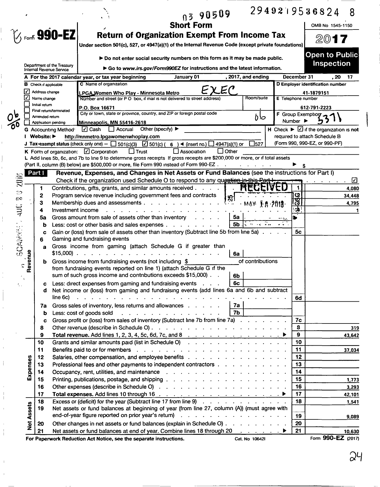 Image of first page of 2017 Form 990EO for Excutive Womens Golf Association