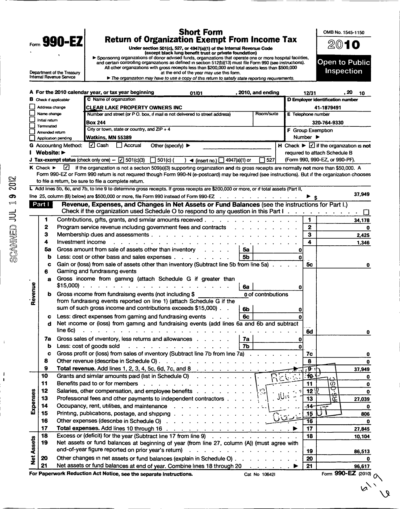 Image of first page of 2010 Form 990EZ for Clear Lake Property Owners