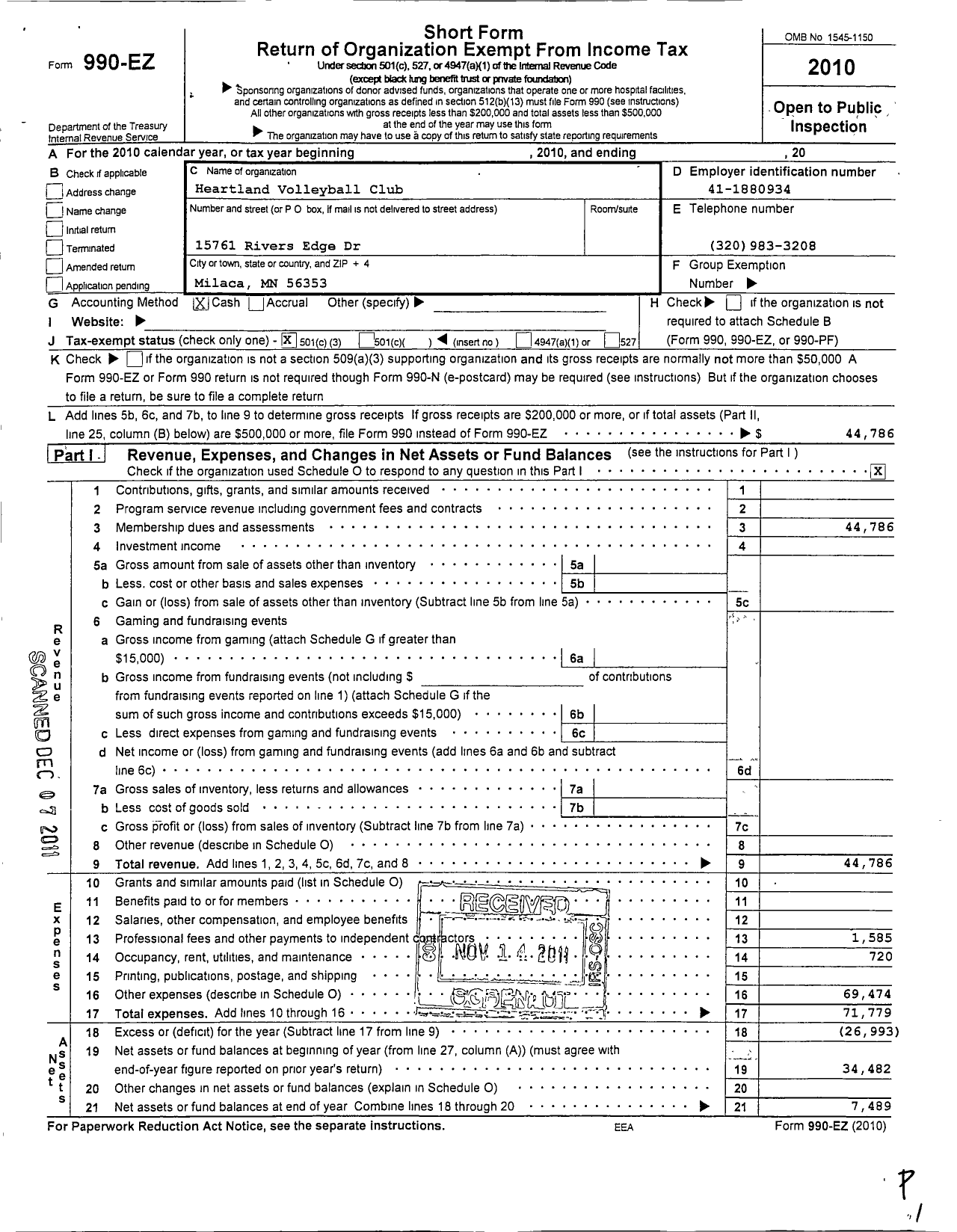 Image of first page of 2010 Form 990EZ for Heartland Volleyball Club