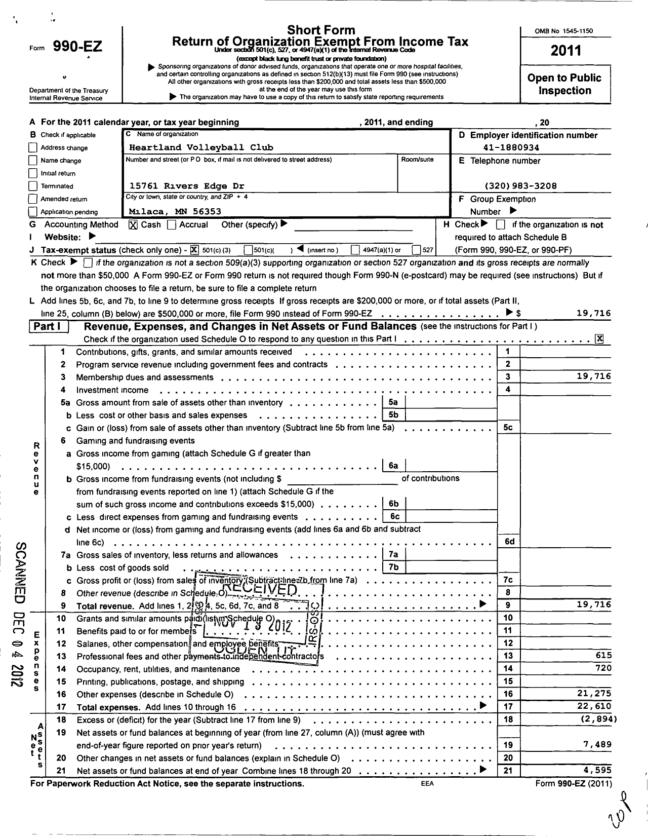 Image of first page of 2011 Form 990EZ for Heartland Volleyball Club