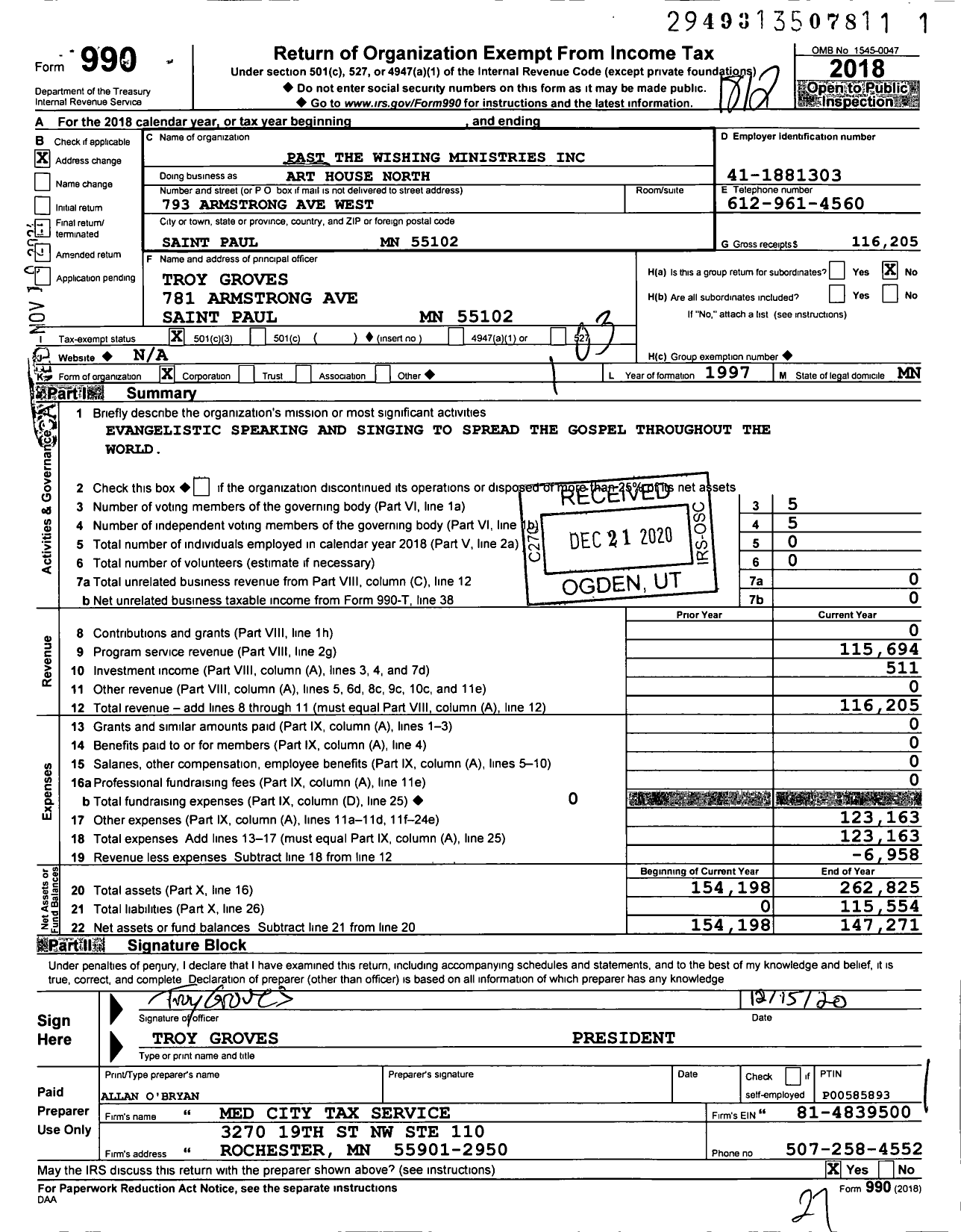 Image of first page of 2018 Form 990 for Art House North