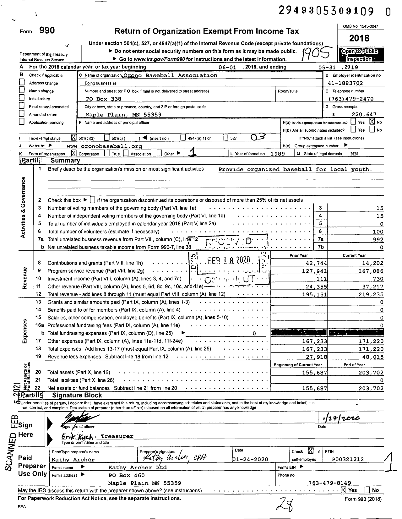 Image of first page of 2018 Form 990 for Orono Baseball Association