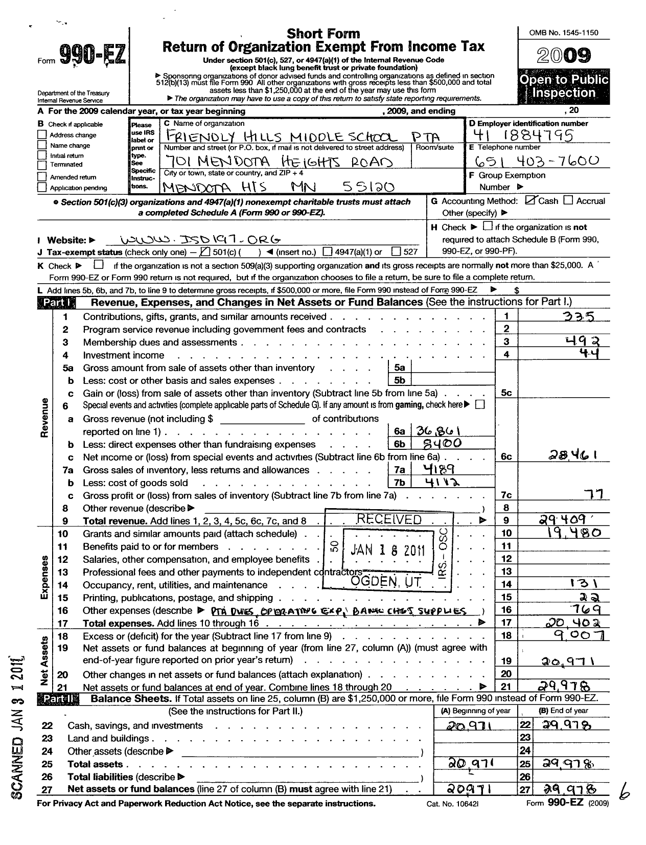 Image of first page of 2009 Form 990EO for Friendly Hills Middle School PTA