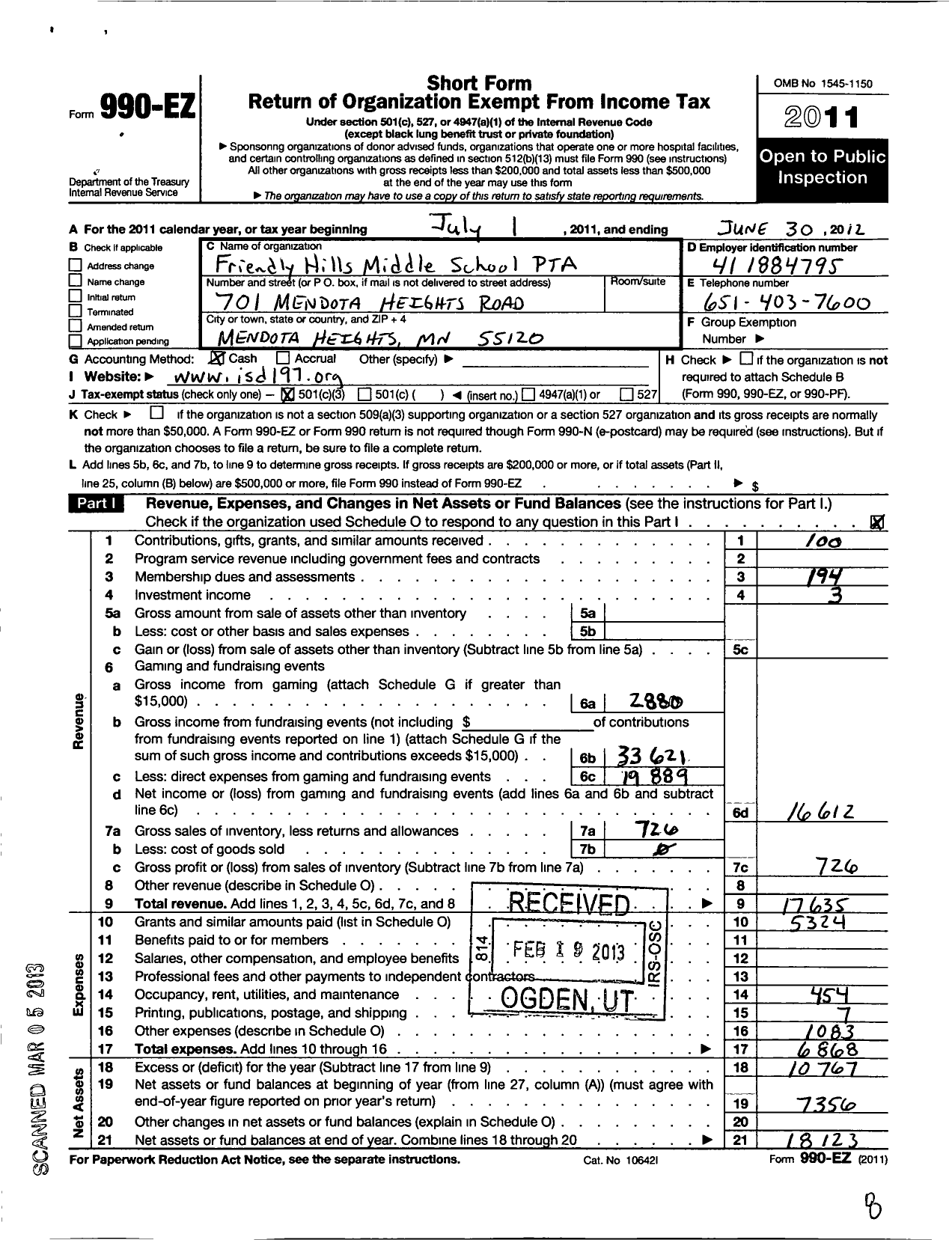 Image of first page of 2011 Form 990EZ for Friendly Hills Middle School PTA