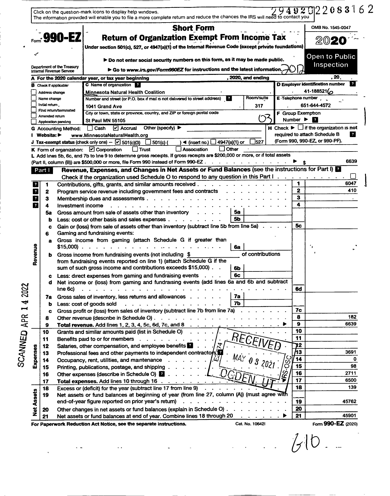 Image of first page of 2020 Form 990EZ for Minnesota Natural Health Coalition