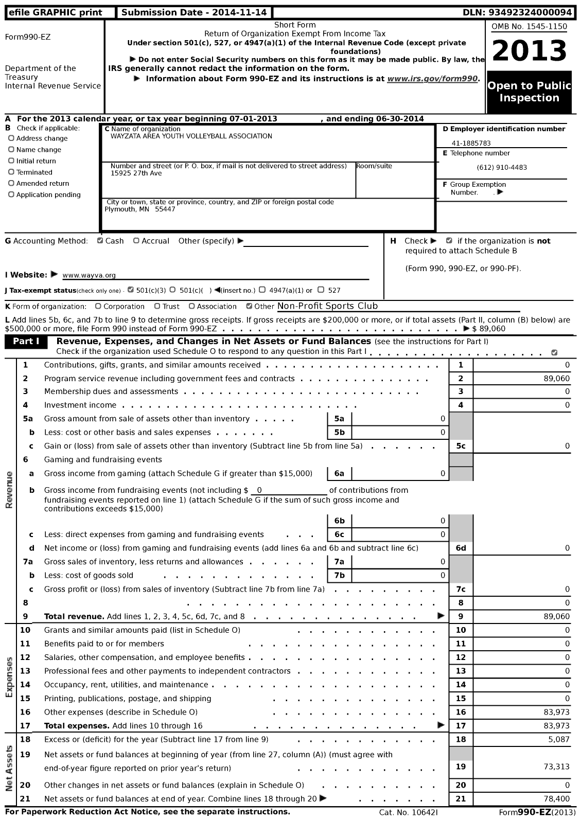 Image of first page of 2013 Form 990EZ for Wayzata Area Youth Volleyball Association