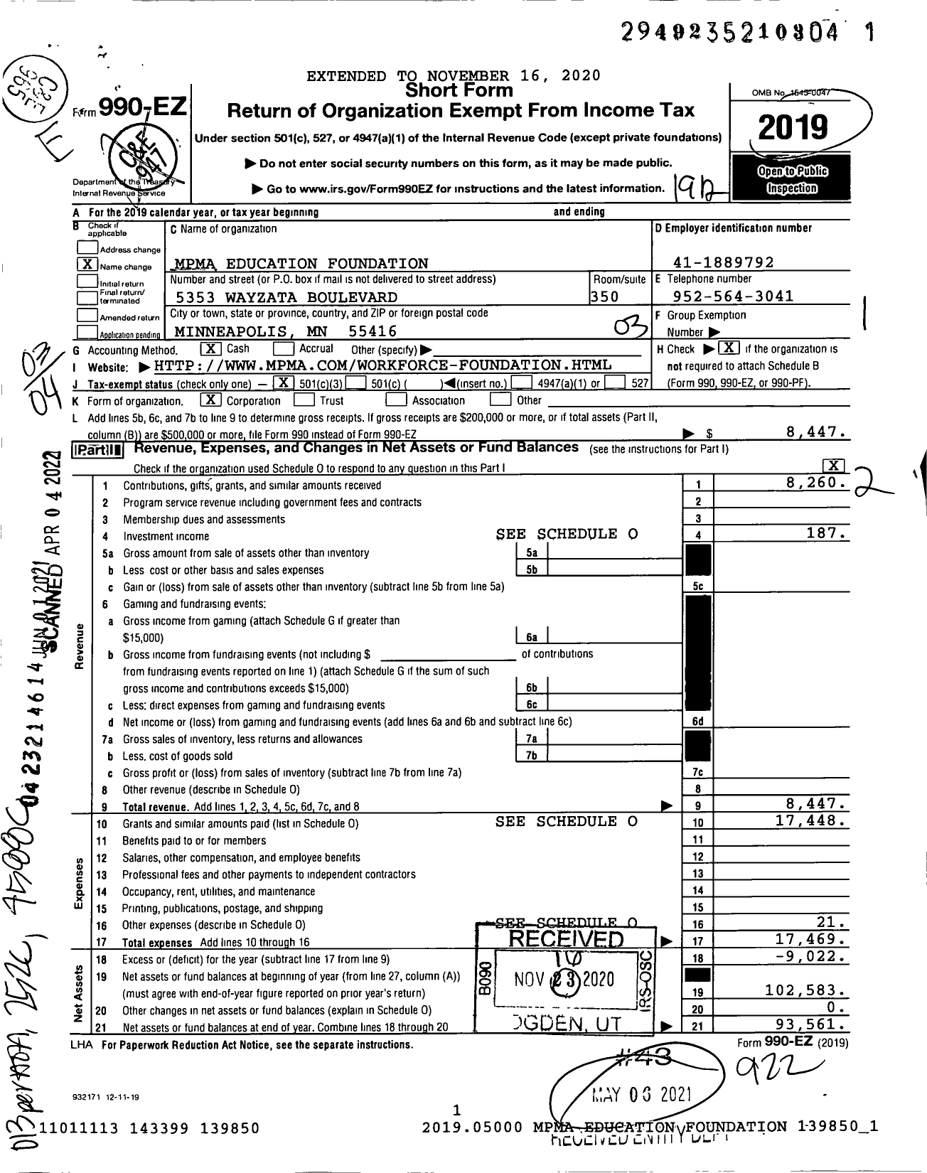 Image of first page of 2019 Form 990EZ for Mpma Education Foundation