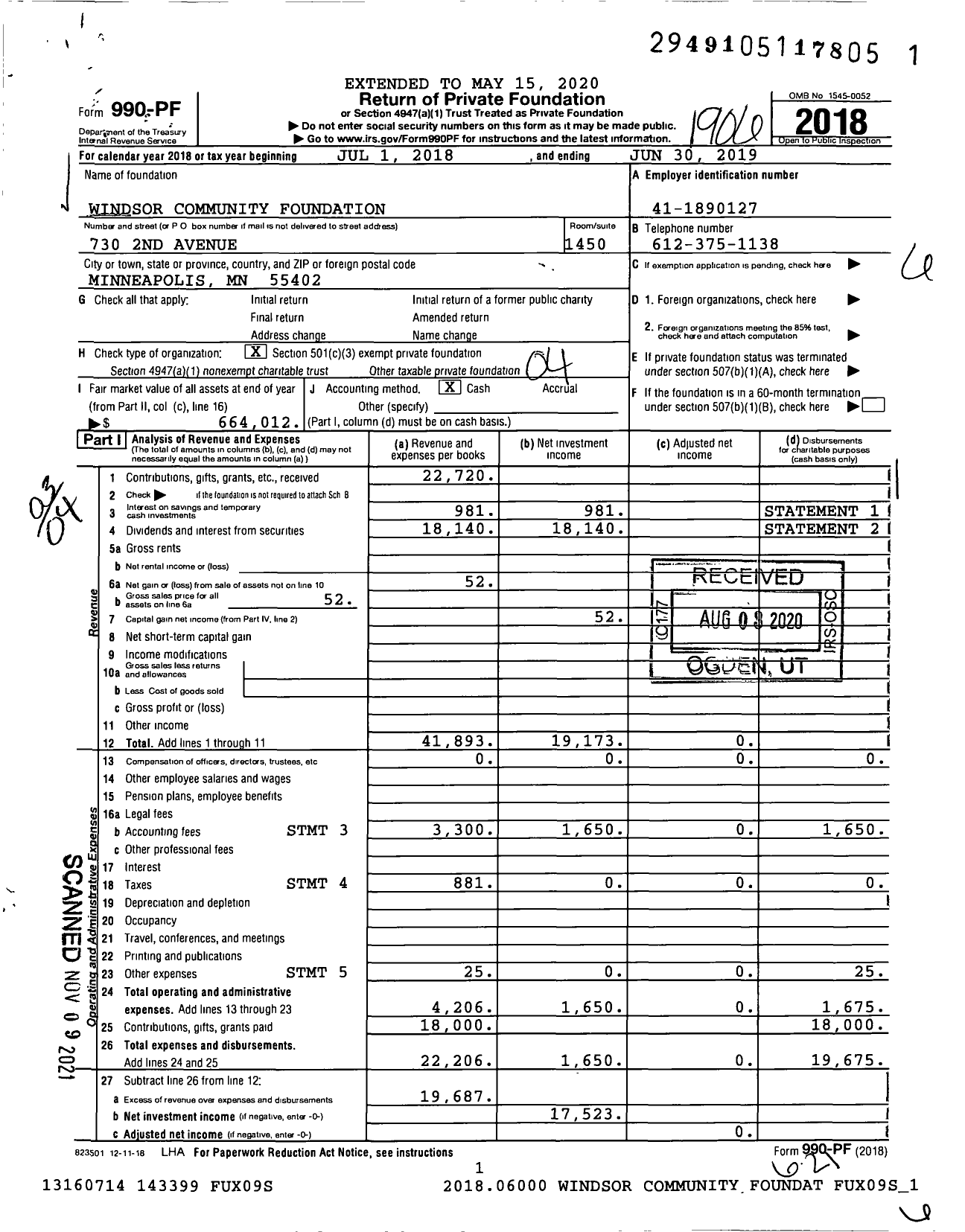 Image of first page of 2018 Form 990PF for Windsor Community Foundation