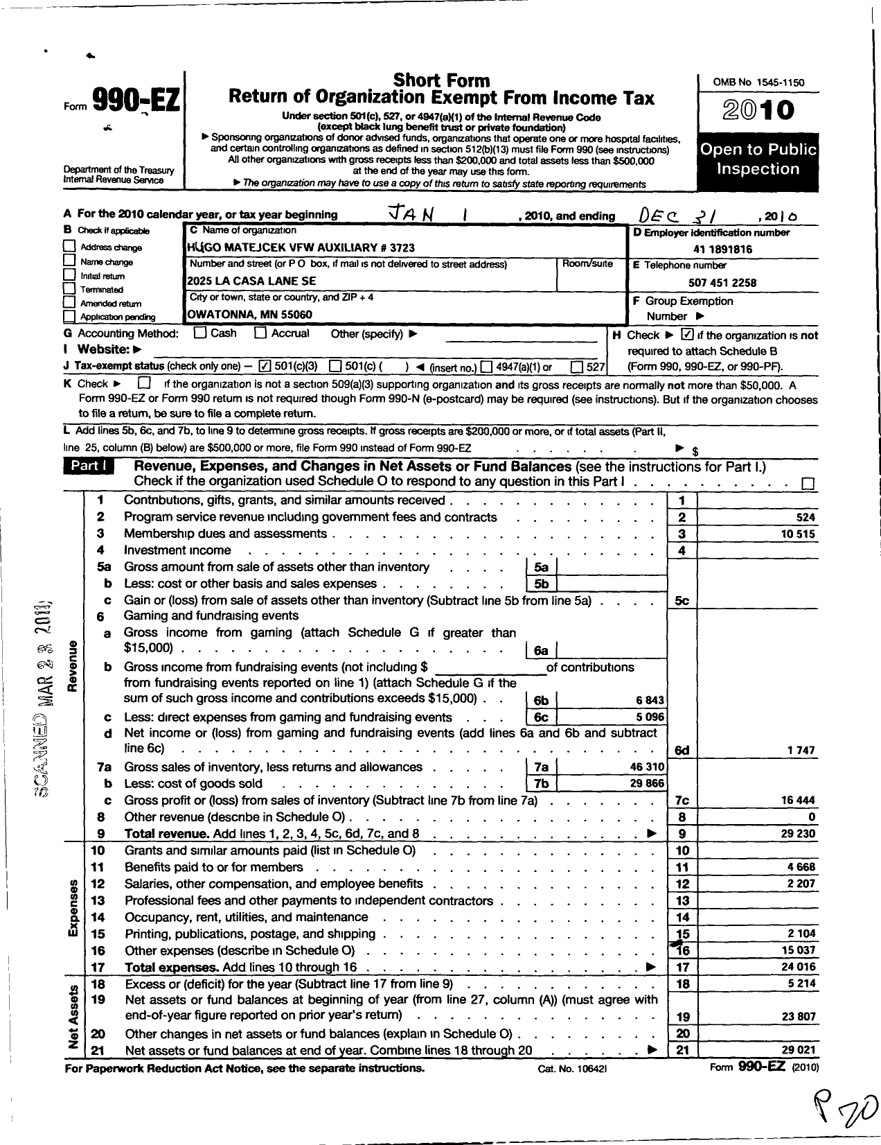 Image of first page of 2010 Form 990EZ for Auxiliary Department of Minnesota Veterans of Foreign Wars - 3723 Hugo Matejcek Auxiliary To Post