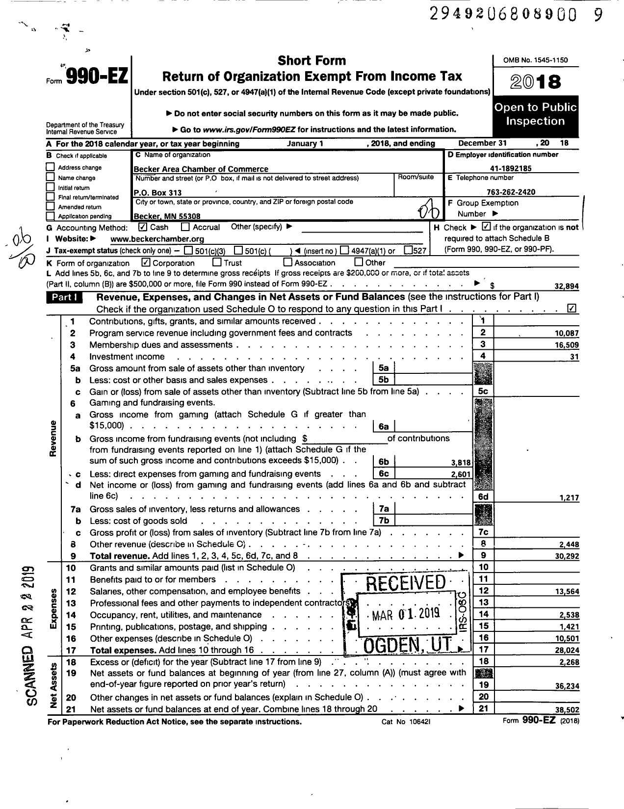 Image of first page of 2018 Form 990EO for Becker Area of Chamber of Commerce