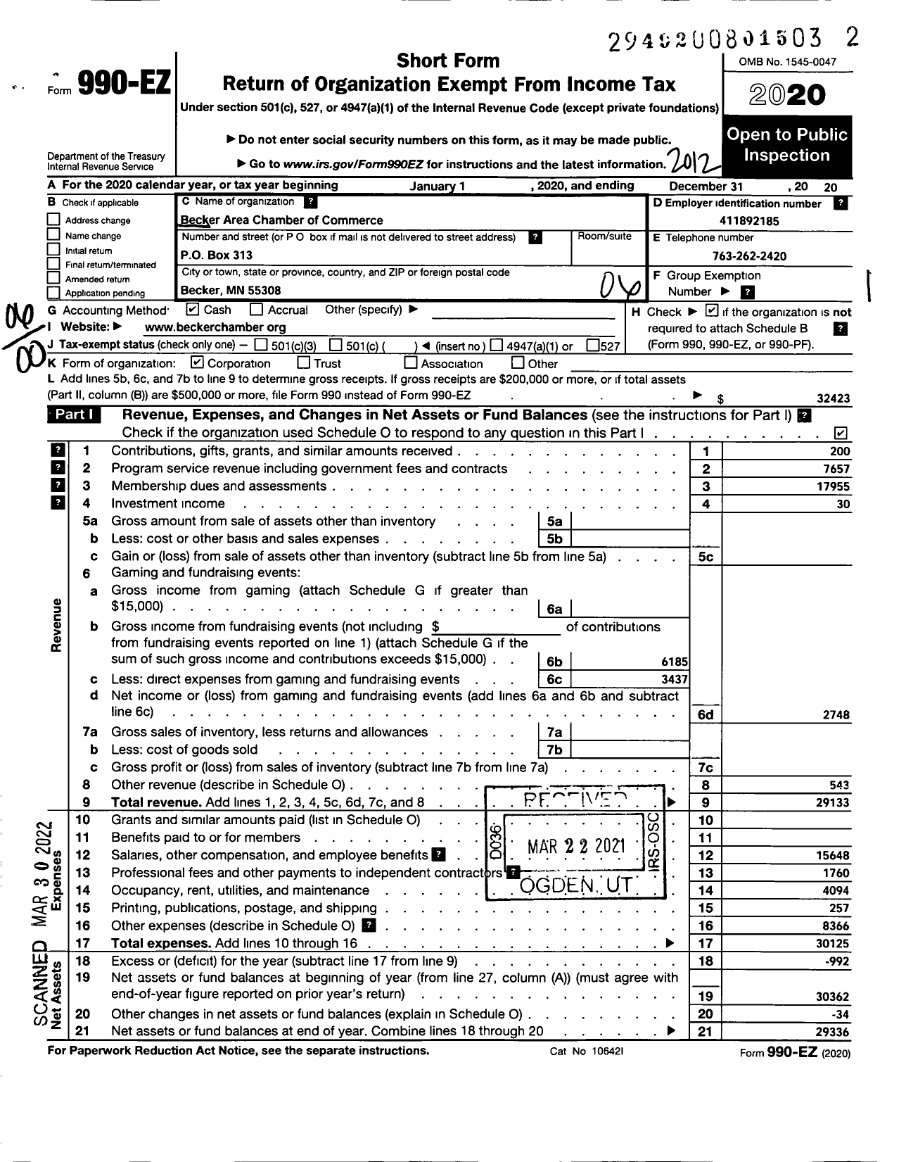 Image of first page of 2020 Form 990EO for Becker Area of Chamber of Commerce