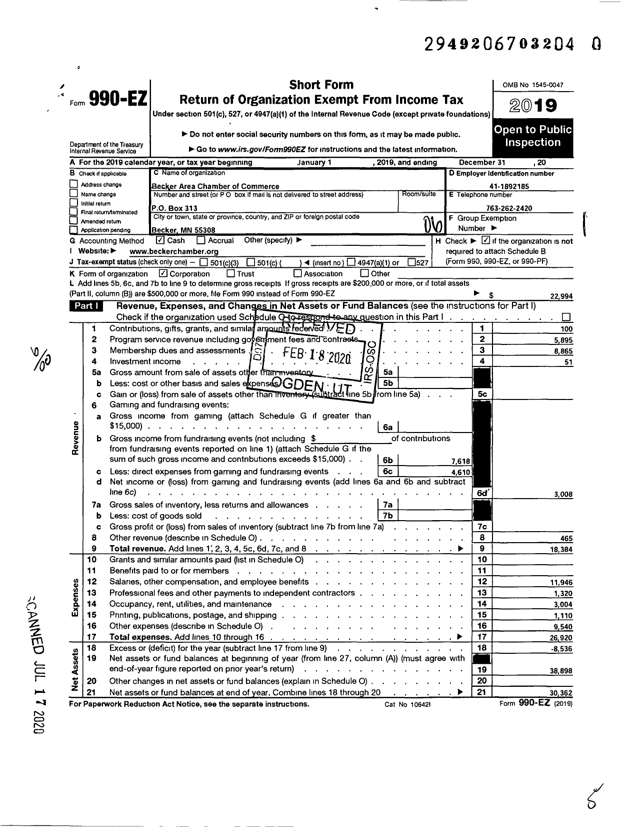 Image of first page of 2019 Form 990EO for Becker Area of Chamber of Commerce