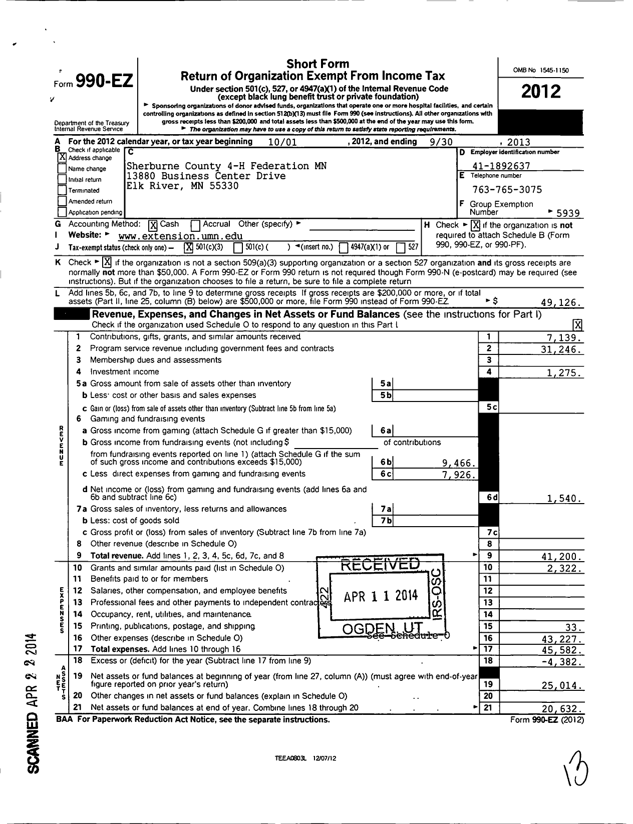 Image of first page of 2012 Form 990EZ for Regents of the University of Minnesota / Sherburne County 4-H Federation MN