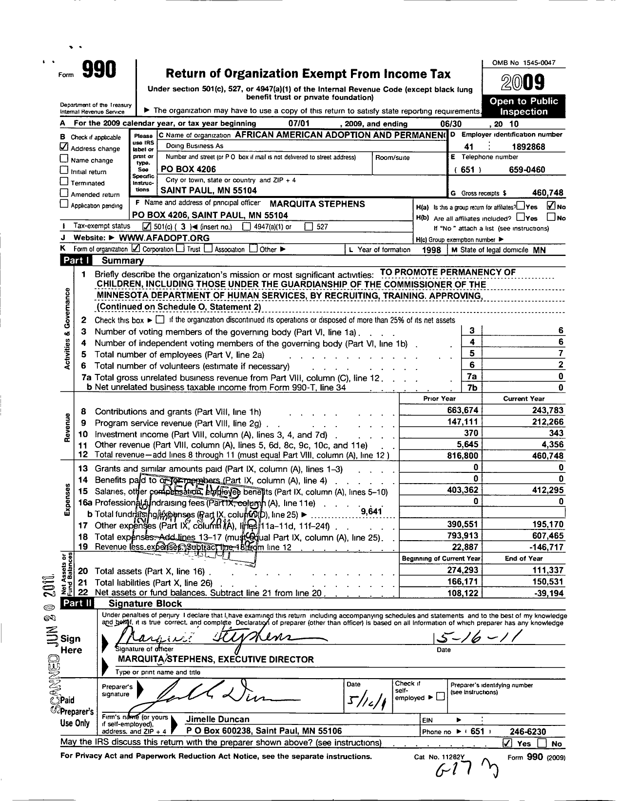 Image of first page of 2009 Form 990 for African American Adoption and Permanency Planning