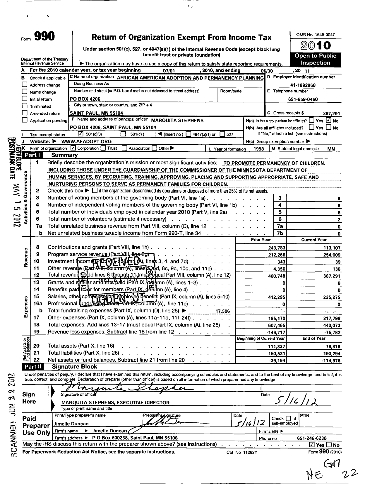 Image of first page of 2010 Form 990 for African American Adoption and Permanency Planning